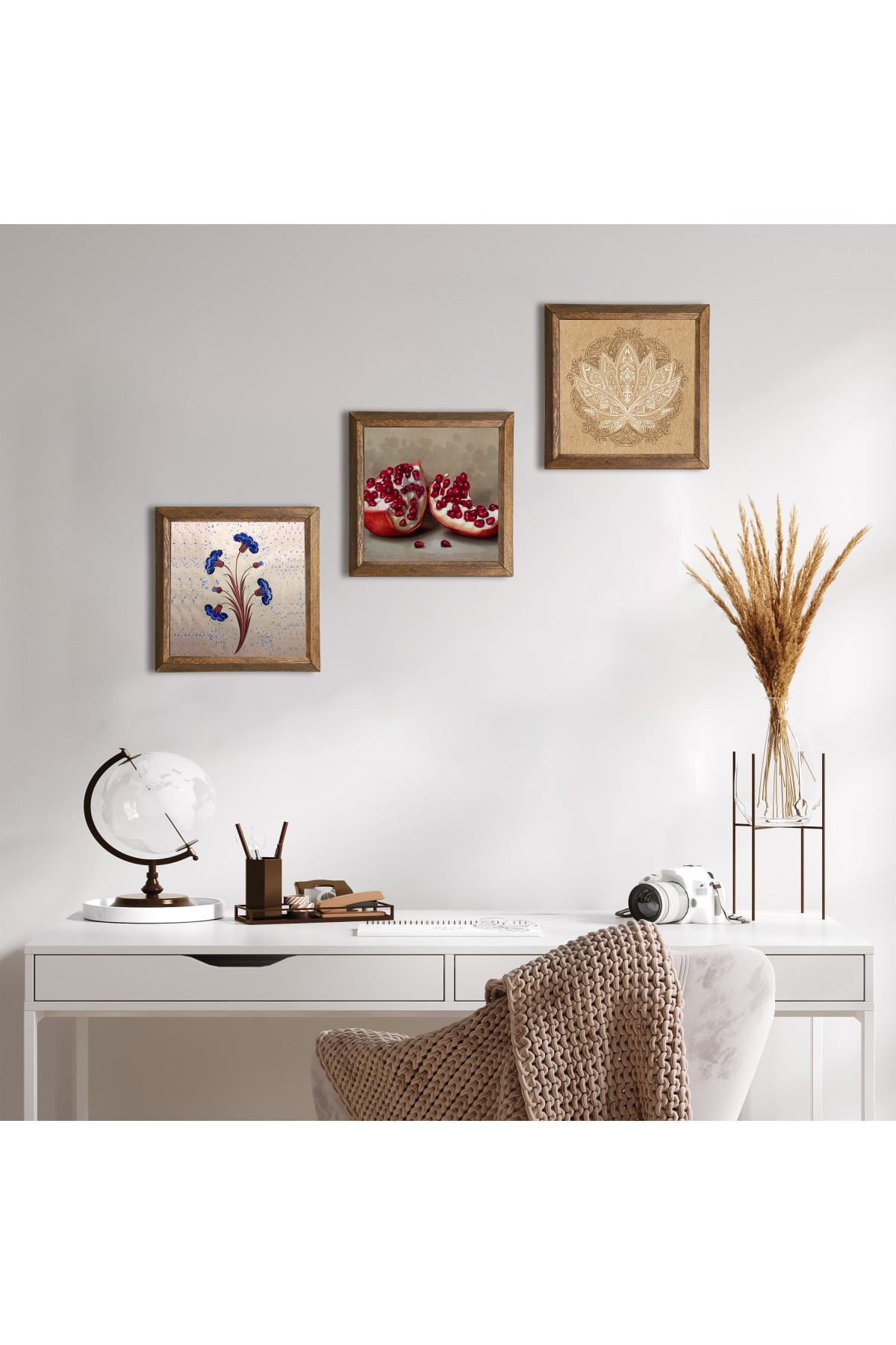 Ebru Sanatı, Lotus Çiçeği, Nar Taş Duvar Tablosu Ahşap Çerçeveli Duvar Dekoru 3 Parça Tablo Seti Wall Art