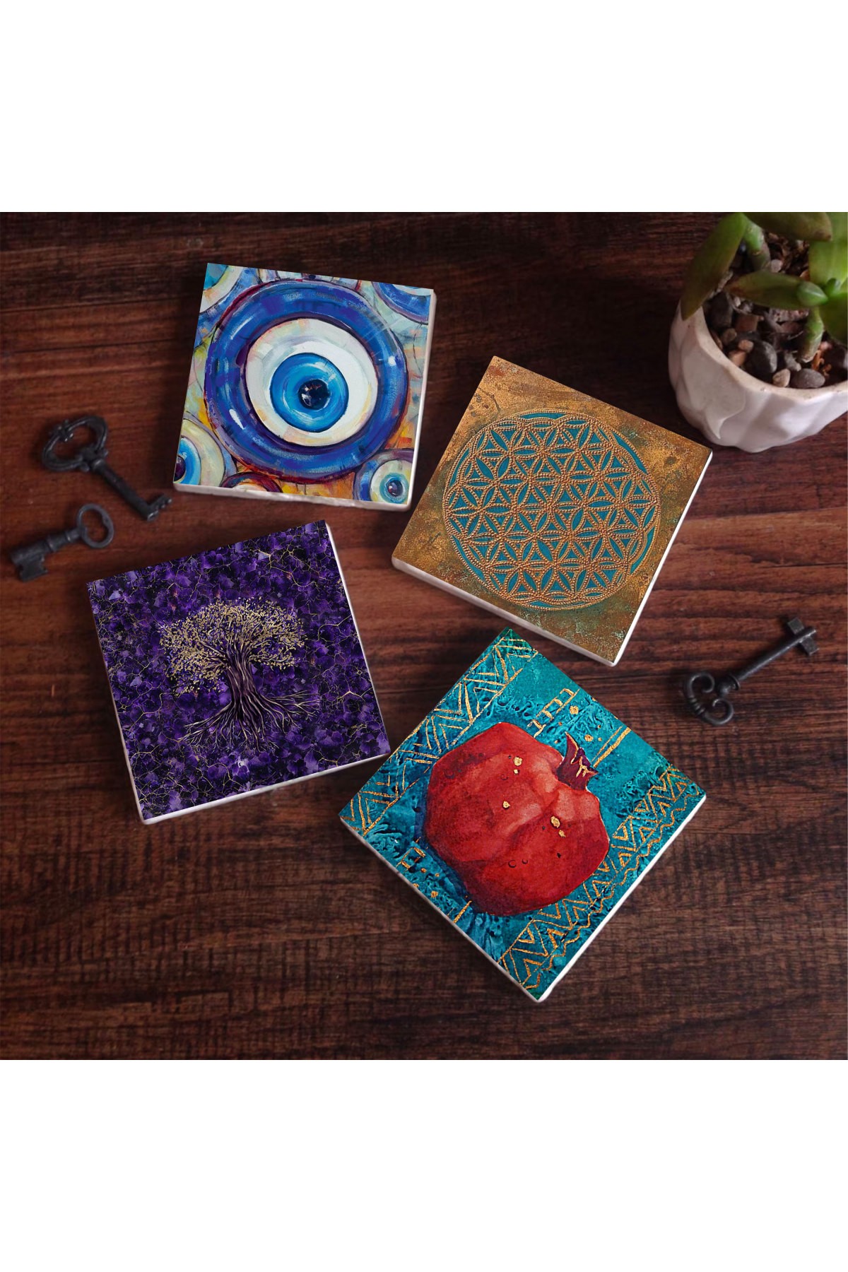 Nazar, Yaşam Çiçeği, Hayat Ağacı, Nar Taş Bardak Altlığı Masaüstü Koruyucu Altlık 4 Parça Set 10x10cm Stone Coasters