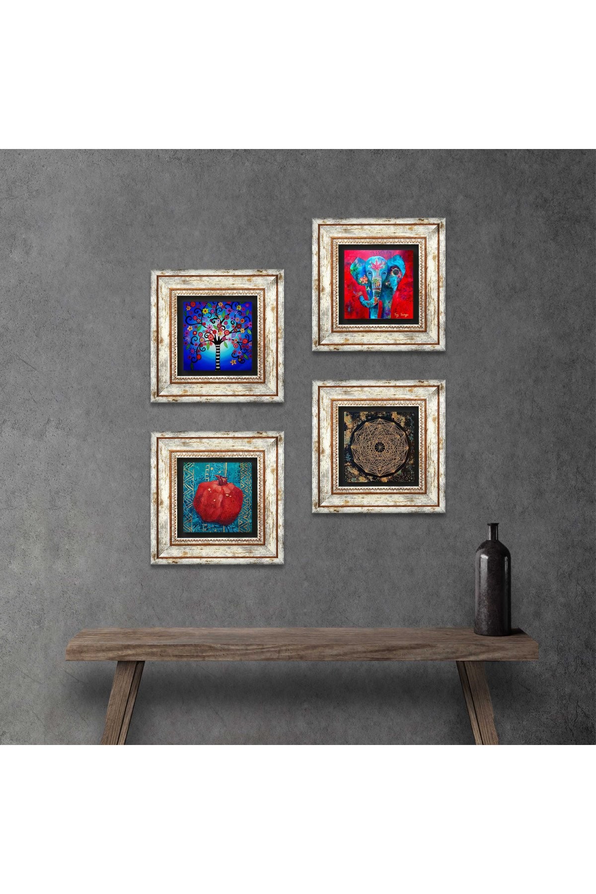 Elephant, Sri Yantra, Tree of Life, Pomegranate Stone Wall Painting Framed Wall Decor 4 Piece Painting Set Wall Art