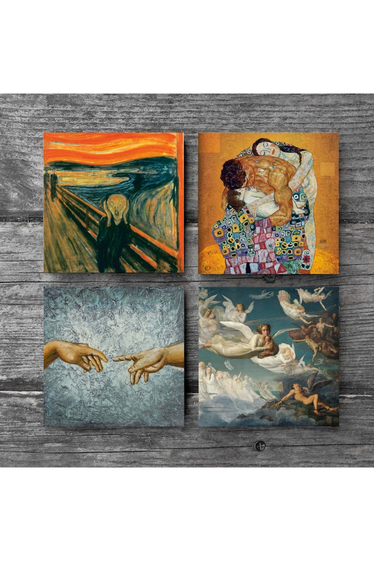 Michelangelo, Çığlık, Gustav Klimt Aile Kucaklama, Ruhların Geçişi Louis Janmot Taş Bardak Altlığı Masaüstü Koruyucu Altlık 4 Parça Set 10x10cm Stone Coasters