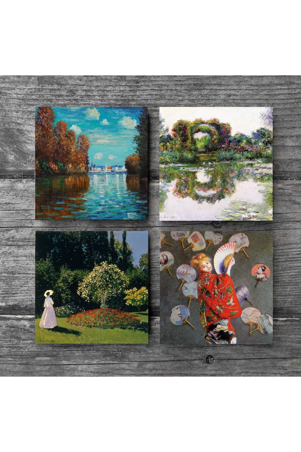 Claude Monet Sonbahar, Japon Kostümü, Gül Çiçekli Kemer, Bahçedeki Kadın Taş Bardak Altlığı Masaüstü Koruyucu Altlık 4 Parça Set 10x10cm Stone Coasters