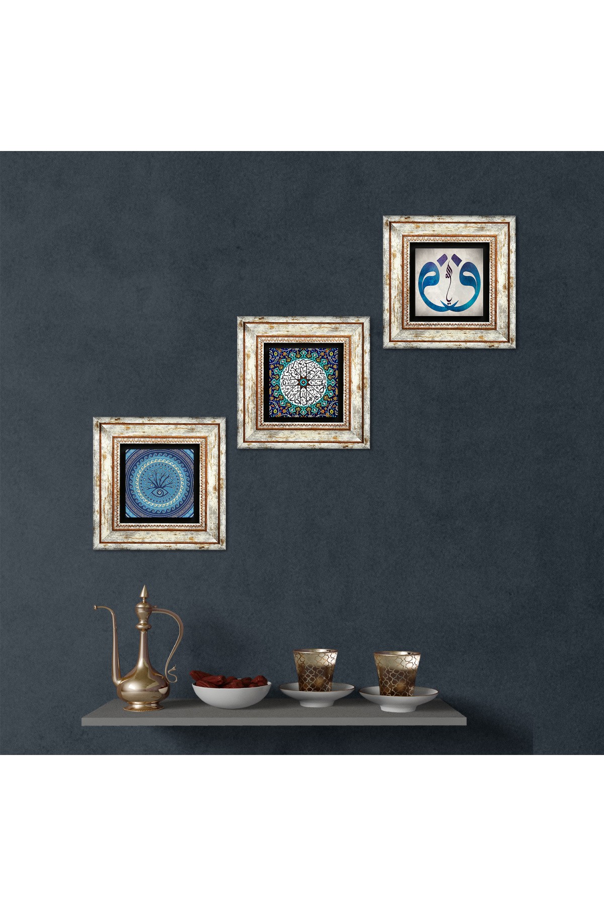 Vav, Surah Ihlas, Evil Eye Stone Wall Painting Framed Wall Decor 3 Piece Painting Set Wall Art