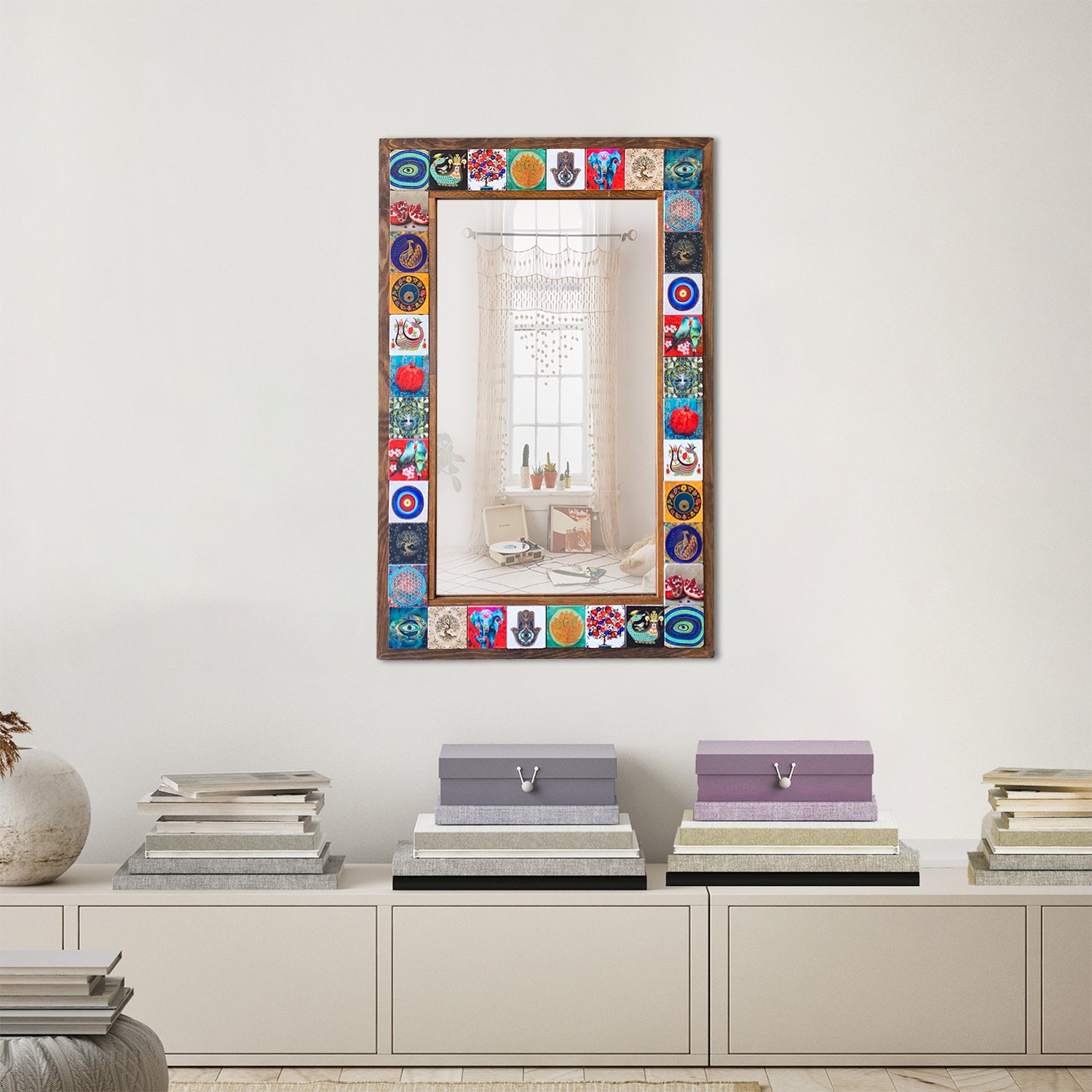 Mosaic Stone Wall Mirror, Wooden Framed Decorative Mirror, Living Room Console Full-length Mirror, Wall Mirror