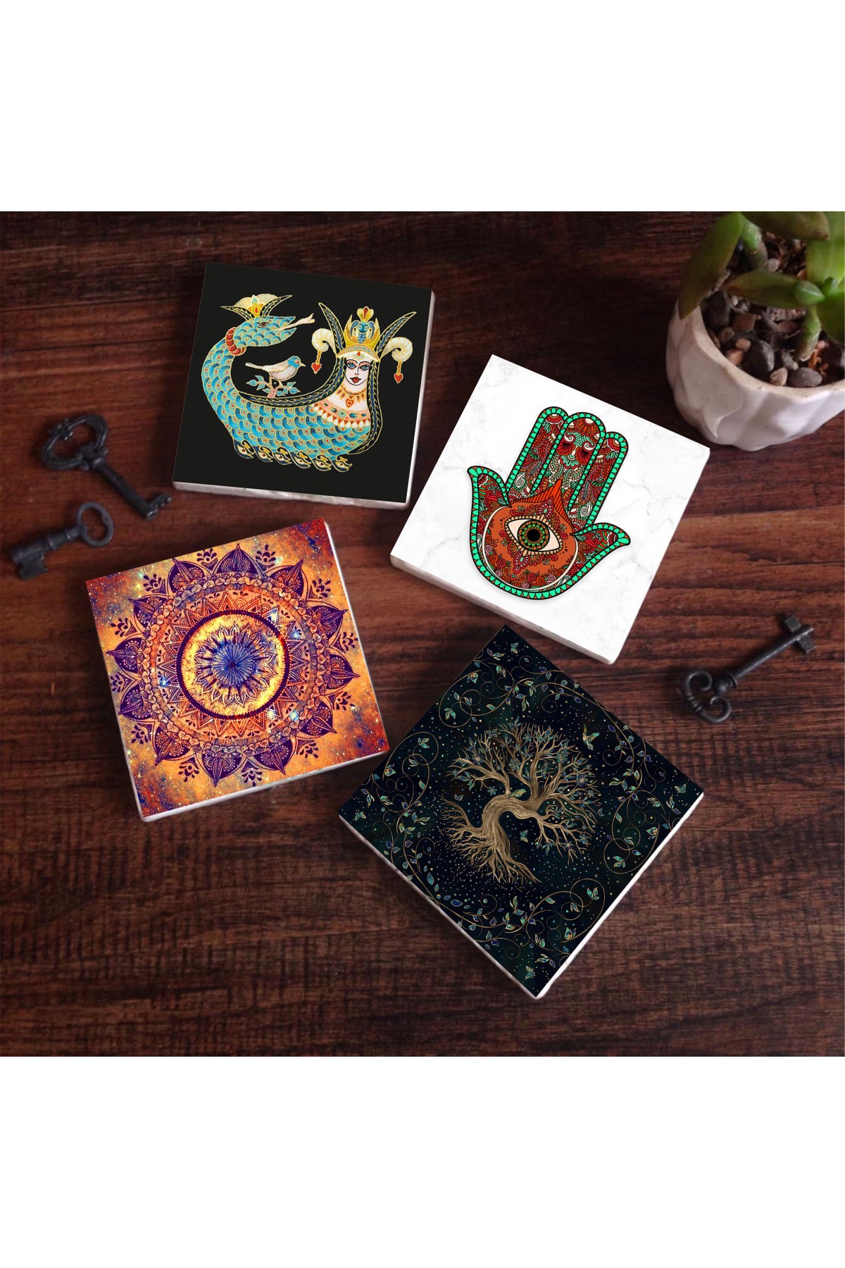 Mandala, Mother of Fatima Hand (Hamsa), Tree of Life, Shahmaran Stone Coasters Desktop Protective Coasters 4 Piece Set 10x10cm Stone Coasters