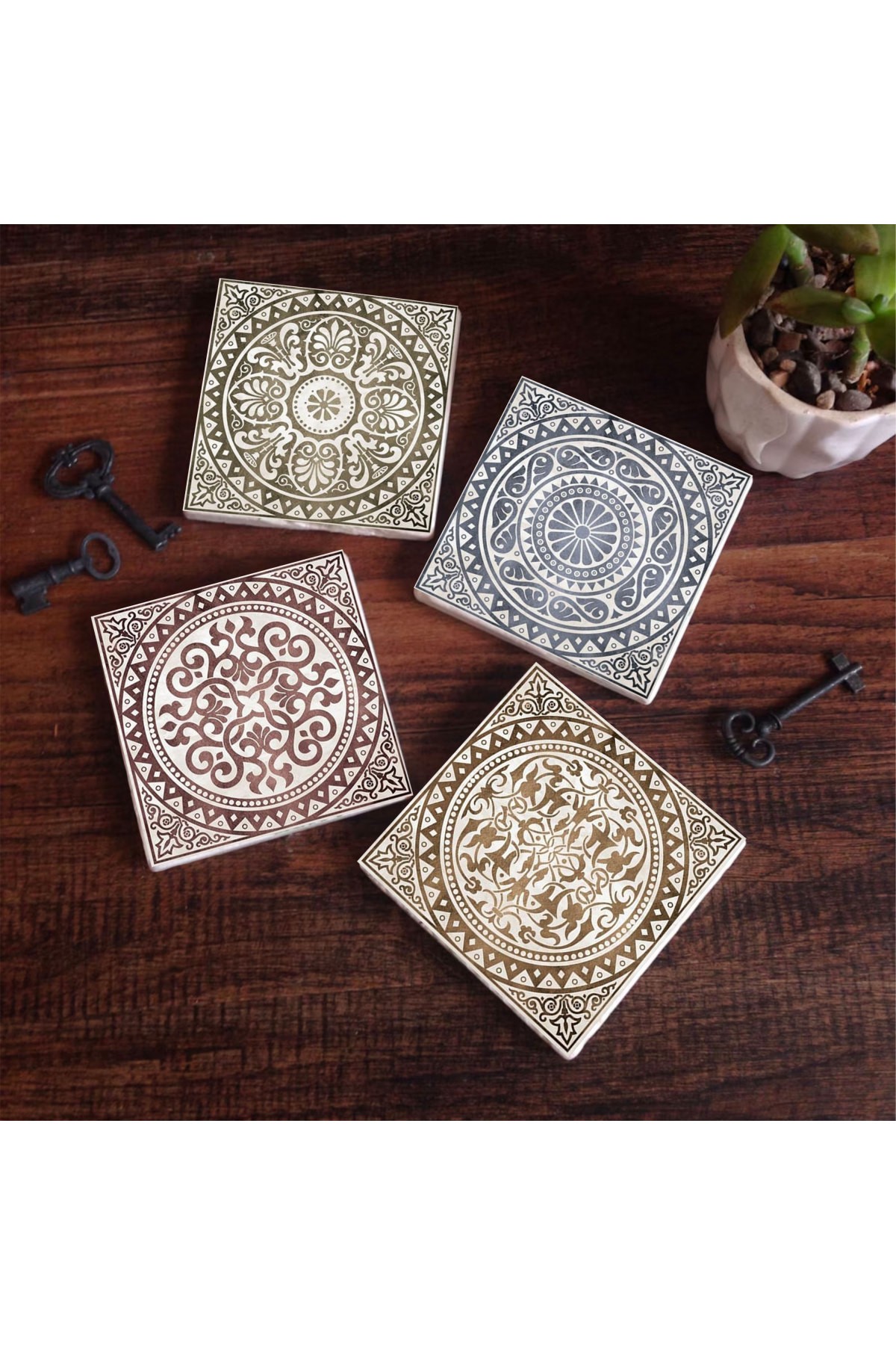 Etnik Desen Taş Bardak Altlığı Masaüstü Koruyucu Altlık 4 Parça Set 10x10cm Stone Coasters