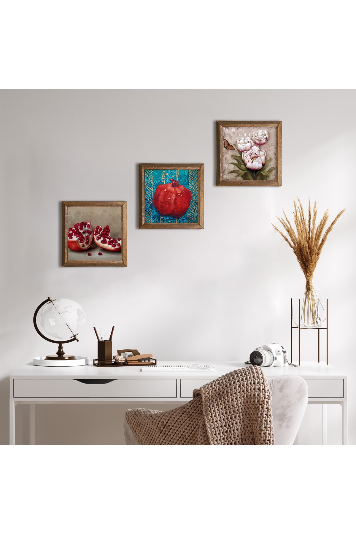 Butterfly Flower, Pomegranate Stone Wall Painting Wooden Framed Wall Decor 3 Piece Painting Set Wall Art