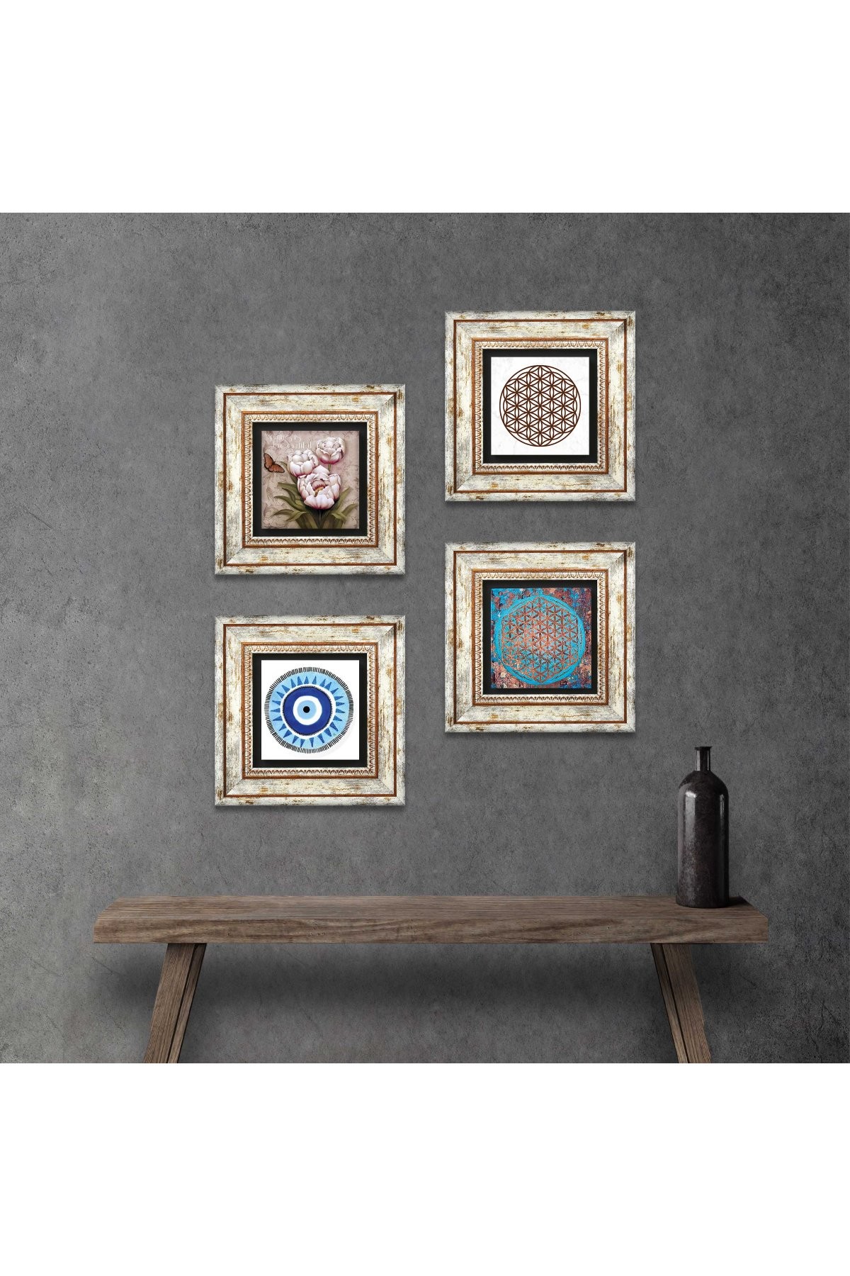 Evil Eye, Flower of Life, Butterfly Flower Stone Wall Painting Framed Wall Decor 4 Piece Painting Set Wall Art