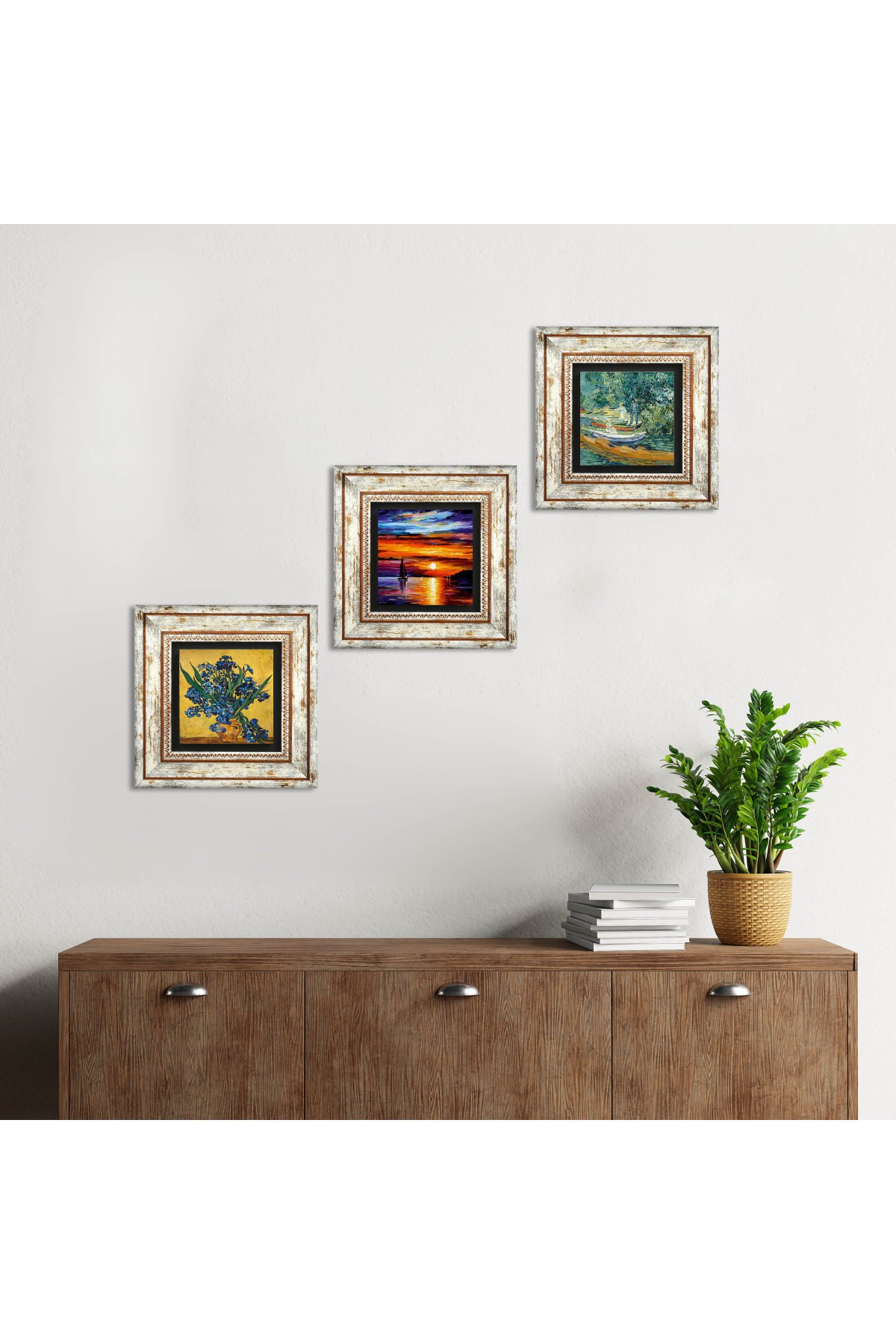 Van Gogh Irises, Bank of Oise, Seascape Stone Wall Painting Framed Wall Decor 3 Piece Painting Set Wall Art