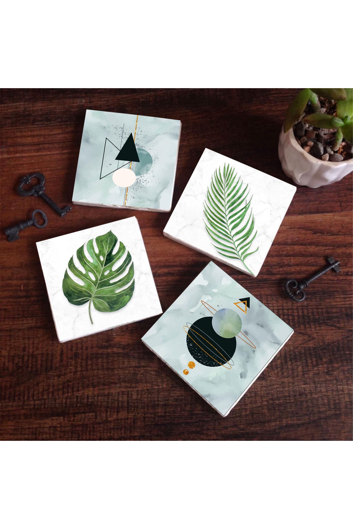 Minimalist Abstract, Leaf Stone Coasters Desktop Protective Coasters 4 Piece Set 10x10cm Stone Coasters