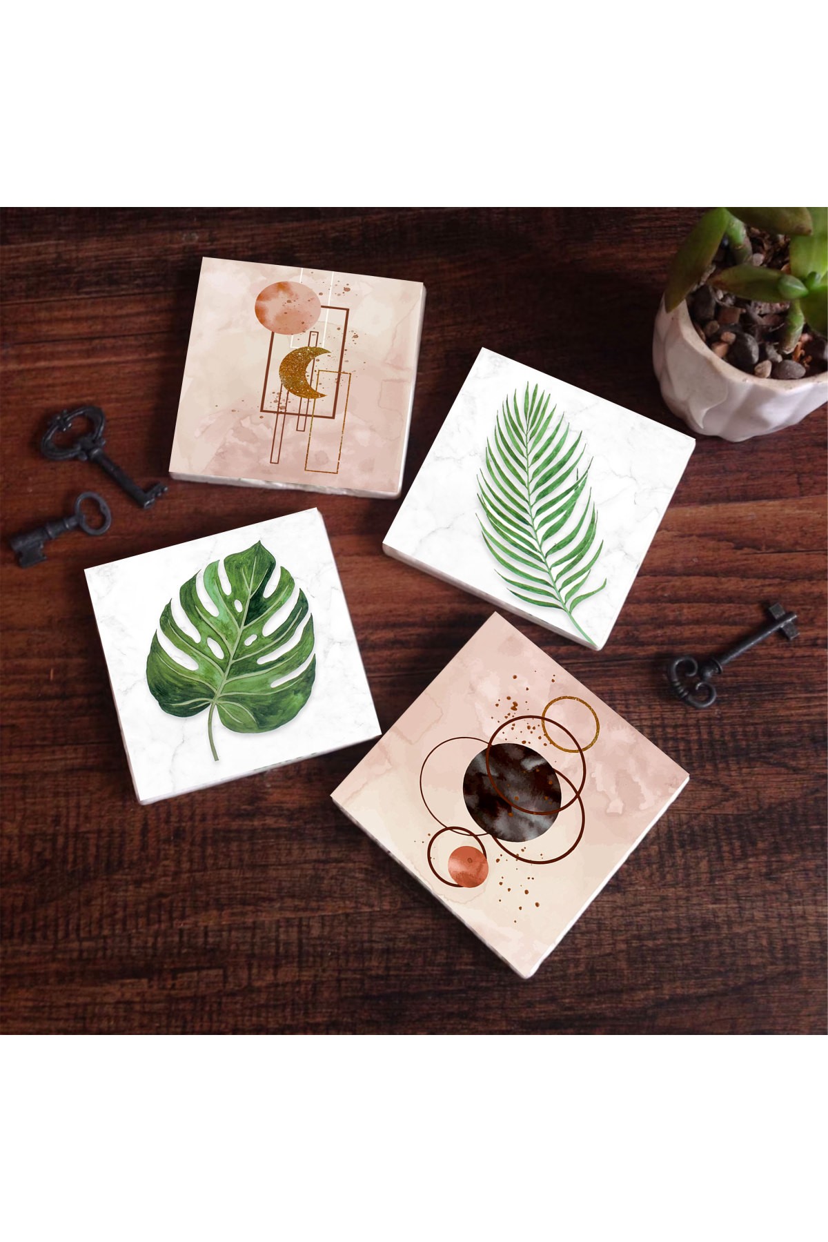 Minimalist Abstract, Leaf Stone Coasters Desktop Protective Coasters 4 Piece Set 10x10cm Stone Coasters