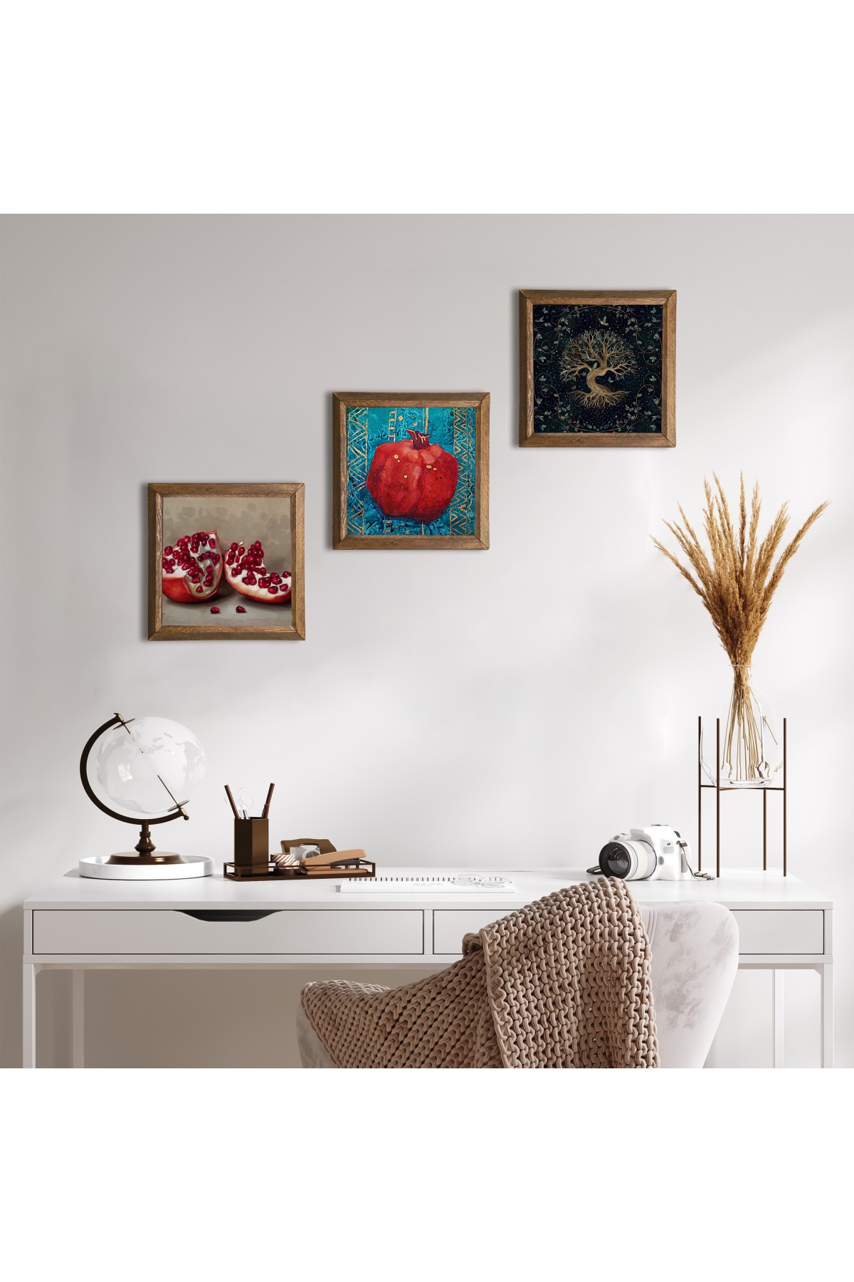 Tree of Life, Pomegranate Stone Wall Painting Wooden Framed Wall Decor 3 Piece Painting Set Wall Art