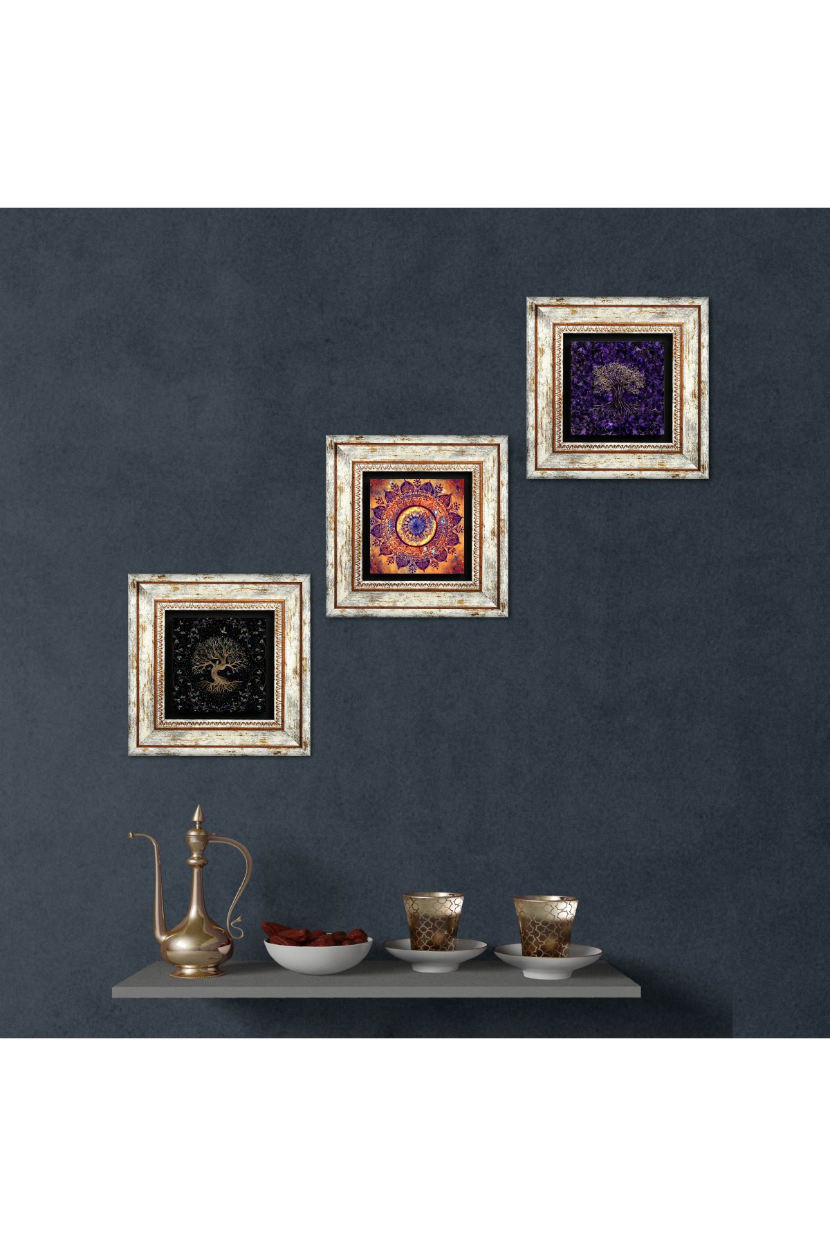 Mandala, Hayat Ağacı Taş Duvar Tablosu Çerçeveli Duvar Dekoru 3 Parça Tablo Seti Wall Art