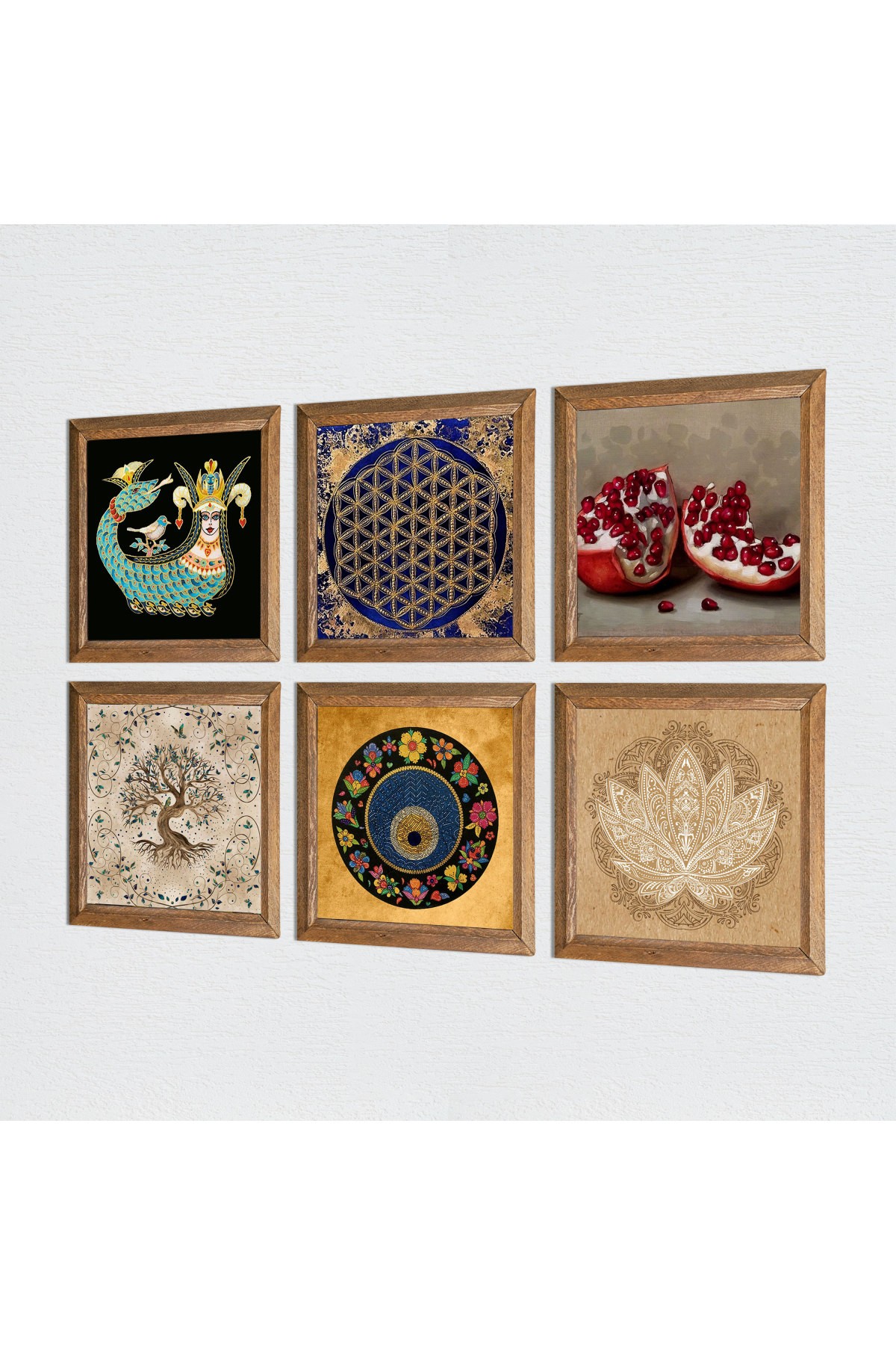 Lotus Çiçeği, Yaşam Çiçeği, Nazar, Şahmeran, Hayat Ağacı, Nar Taş Duvar Tablosu Ahşap Çerçeveli Duvar Dekoru 6 Parça Tablo Seti Wall Art