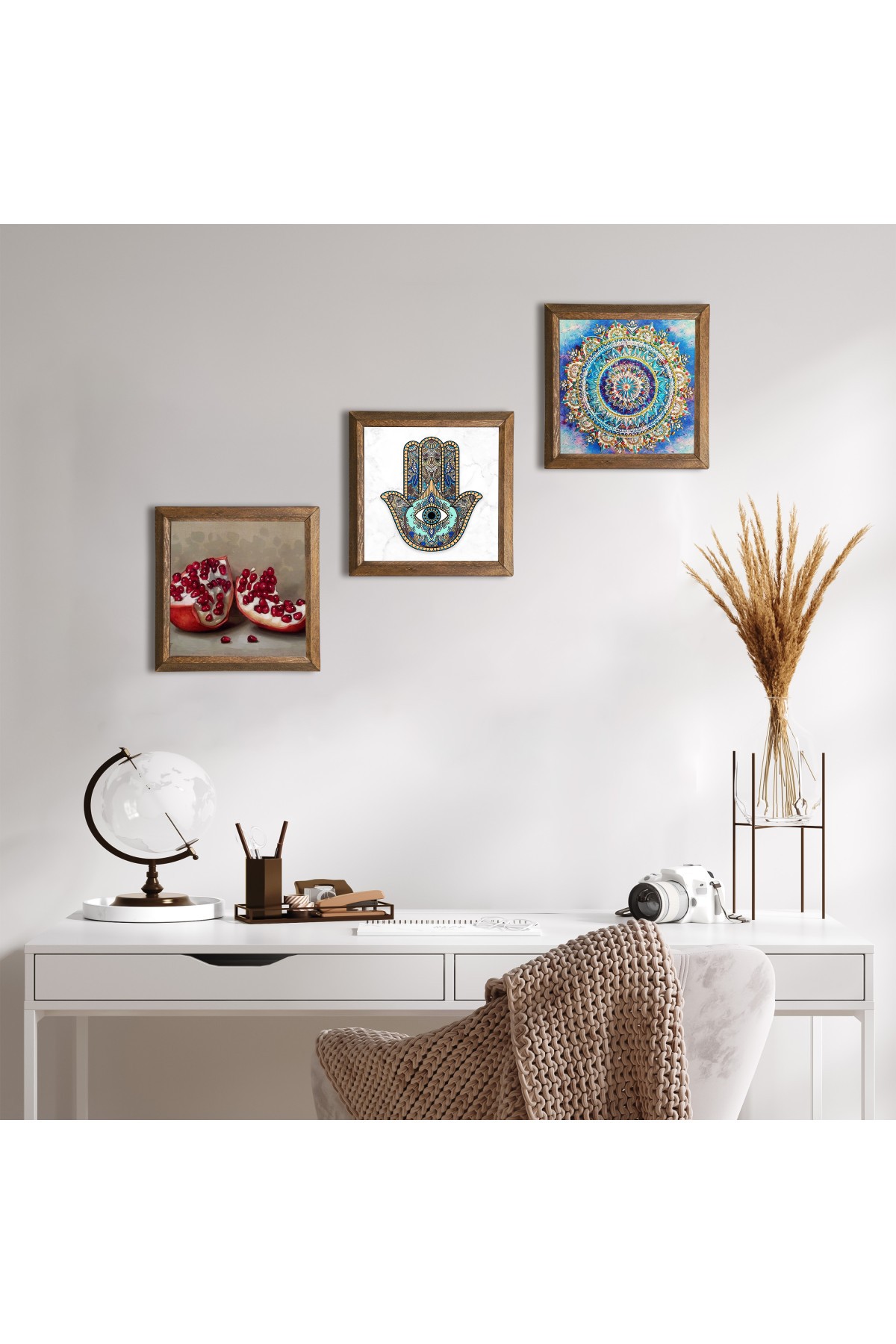 Mandala, Nar, Fatma Ana Eli (Hamsa) Taş Duvar Tablosu Ahşap Çerçeveli Duvar Dekoru 3 Parça Tablo Seti Wall Art