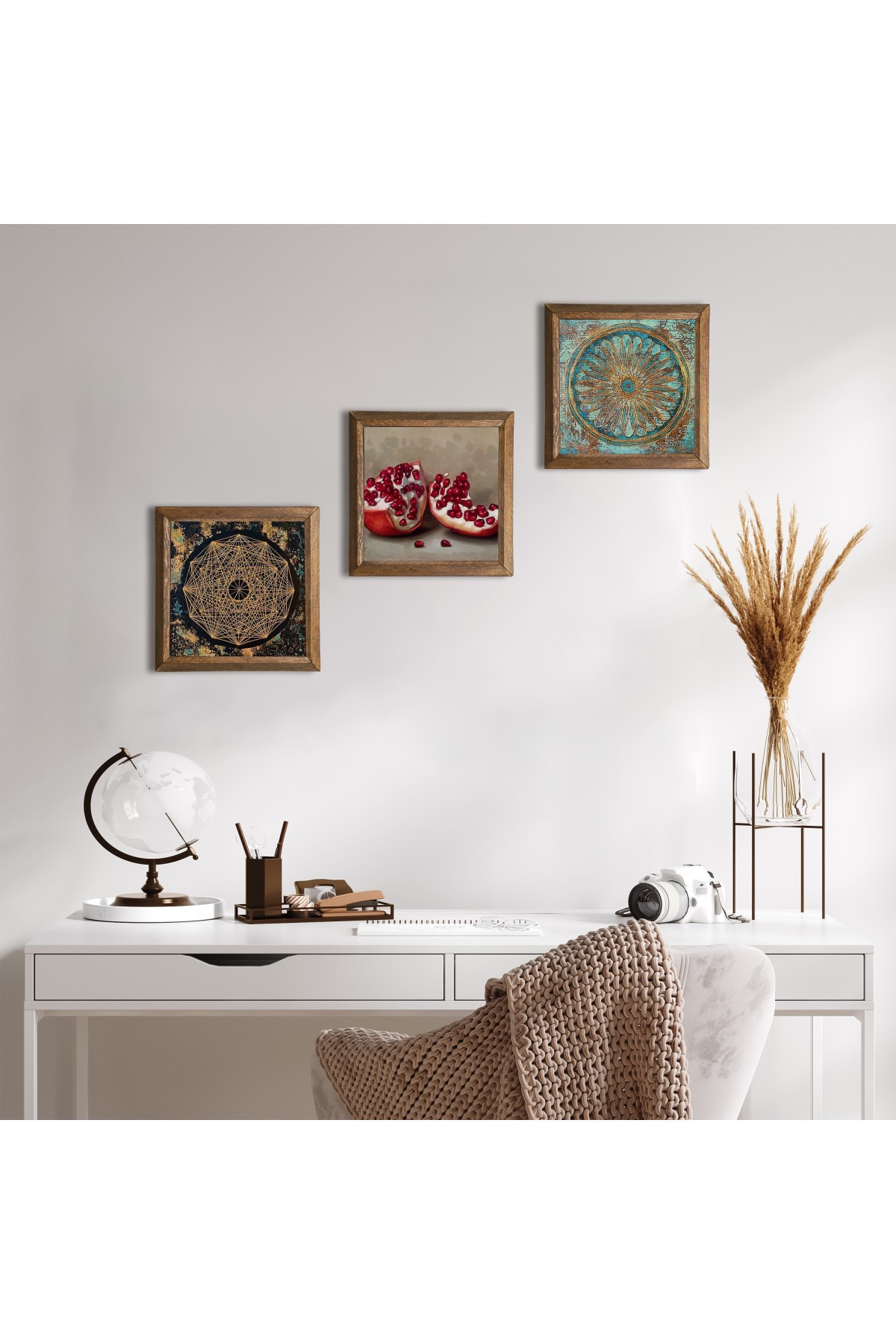 Sri Yantra, Yaşam Çiçeği, Nar Taş Duvar Tablosu Ahşap Çerçeveli Duvar Dekoru 3 Parça Tablo Seti Wall Art