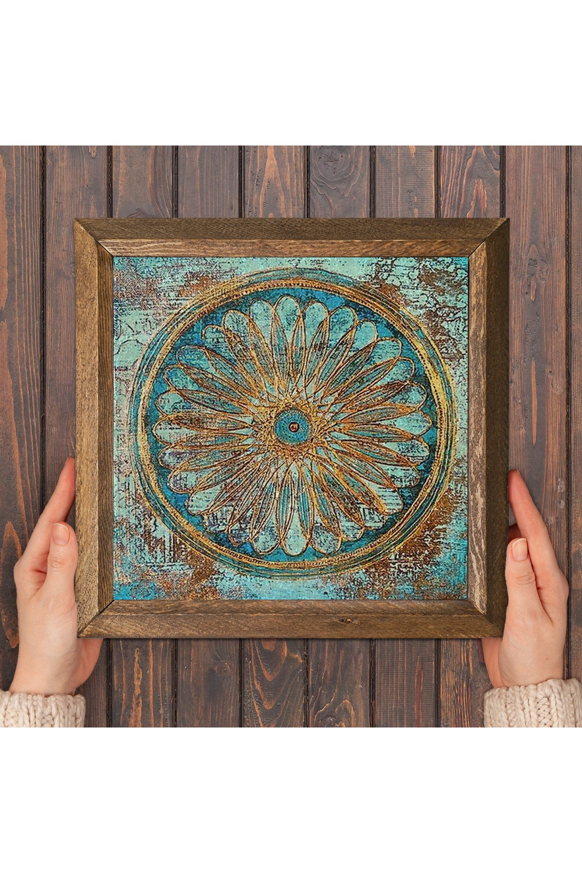 Yaşam Çiçeği Taş Duvar Tablosu Ahşap Çerçeveli Duvar Dekoru Wall Art 25x25cm