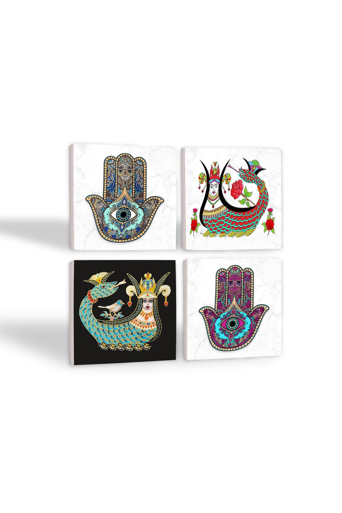 Shahmaran, Mother of Fatima Hand (Hamsa) Stone Coaster Desktop Protective Coaster 4 Piece Set 10x10cm Stone Coasters