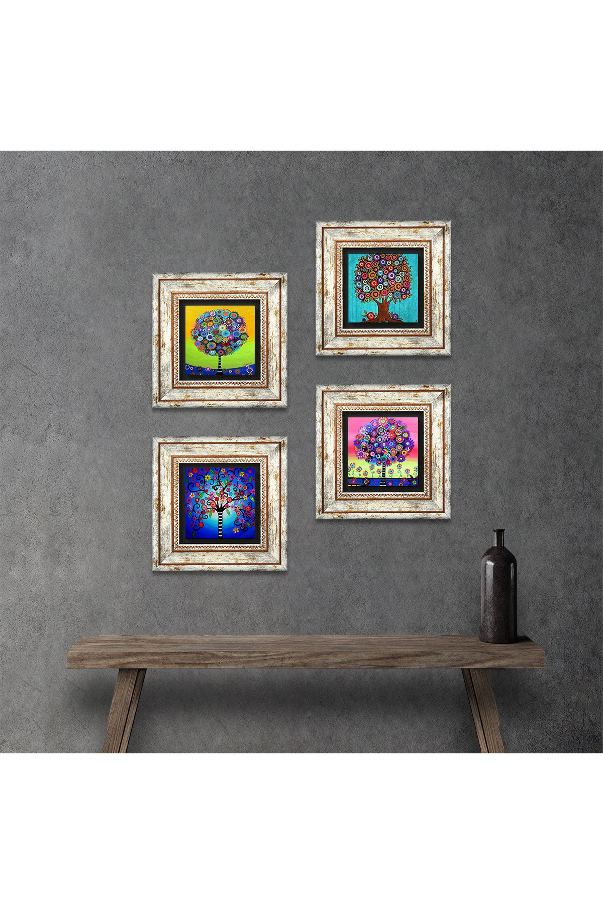 Tree of Life Stone Wall Painting Framed Wall Decor 4 Piece Painting Set Wall Art