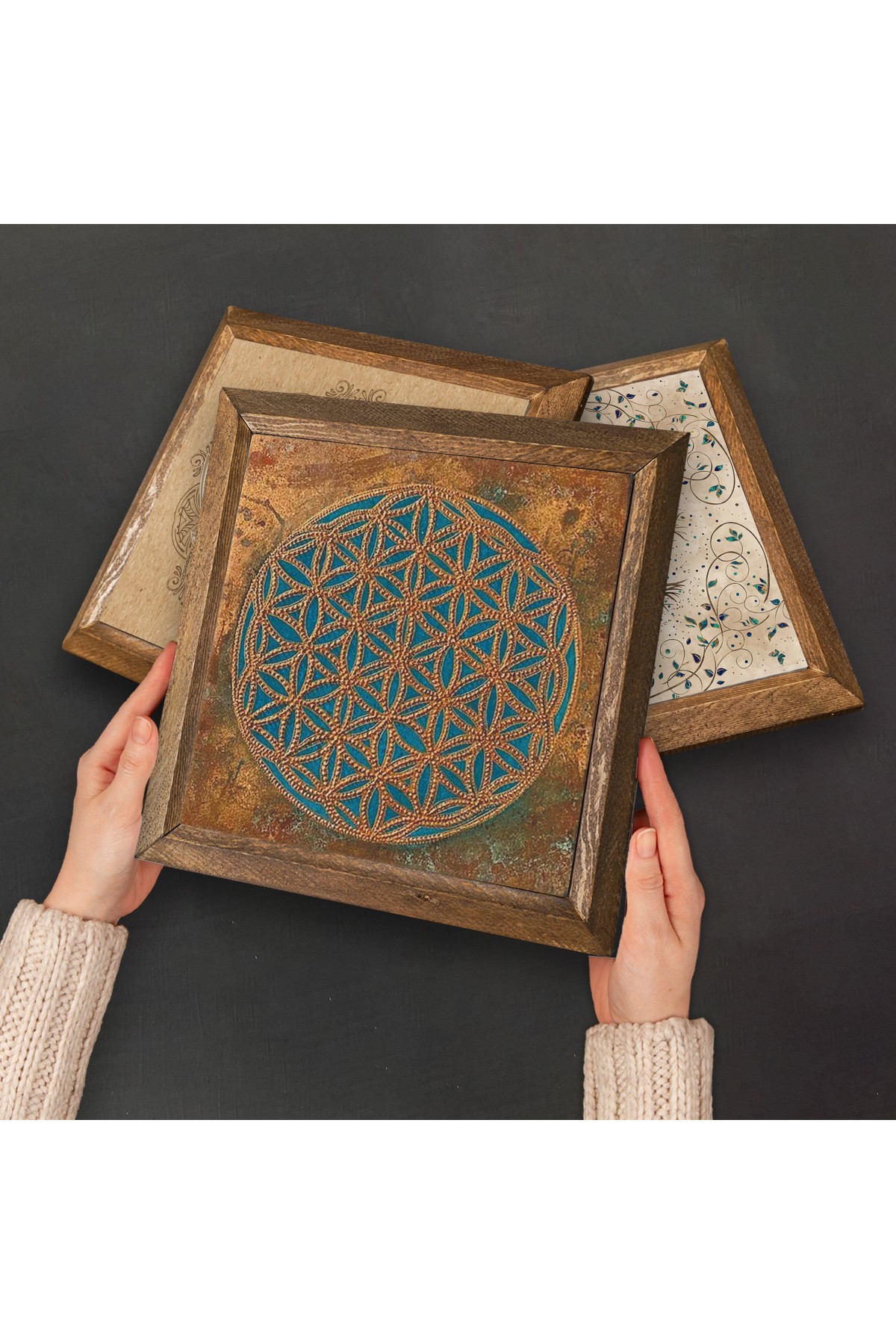 Mandala, Sri Yantra, Yaşam Çiçeği Taş Duvar Tablosu Ahşap Çerçeveli Duvar Dekoru 6 Parça Tablo Seti Wall Art