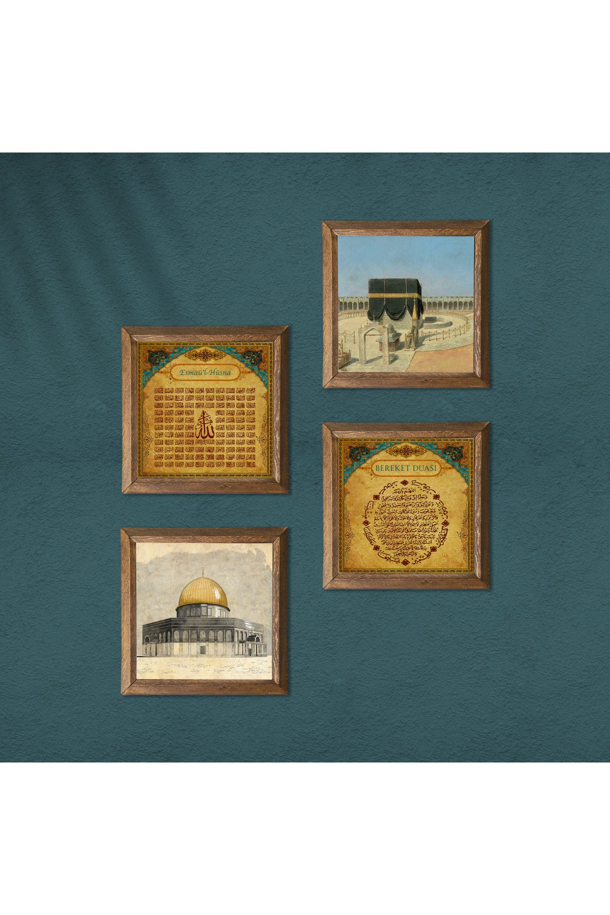 Kaaba-i Muazzama, Masjid al-Aqsa, Prayer of Abundance, Esma'ul Husna Stone Wall Painting Wooden Framed Wall Decoration 4 Piece Painting Set Wall Art