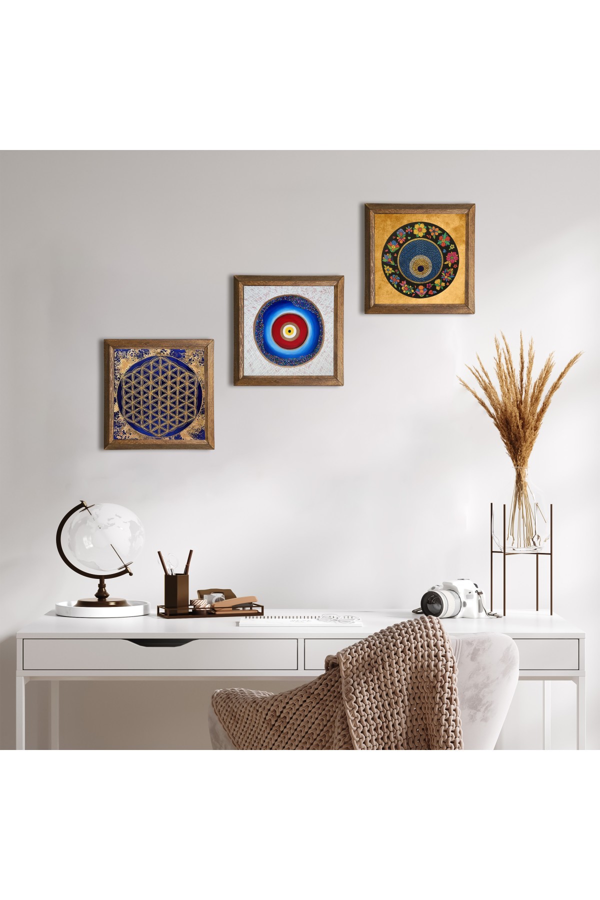 Evil Eye, Flower of Life Stone Wall Painting Wooden Framed Wall Decor 3 Piece Painting Set Wall Art