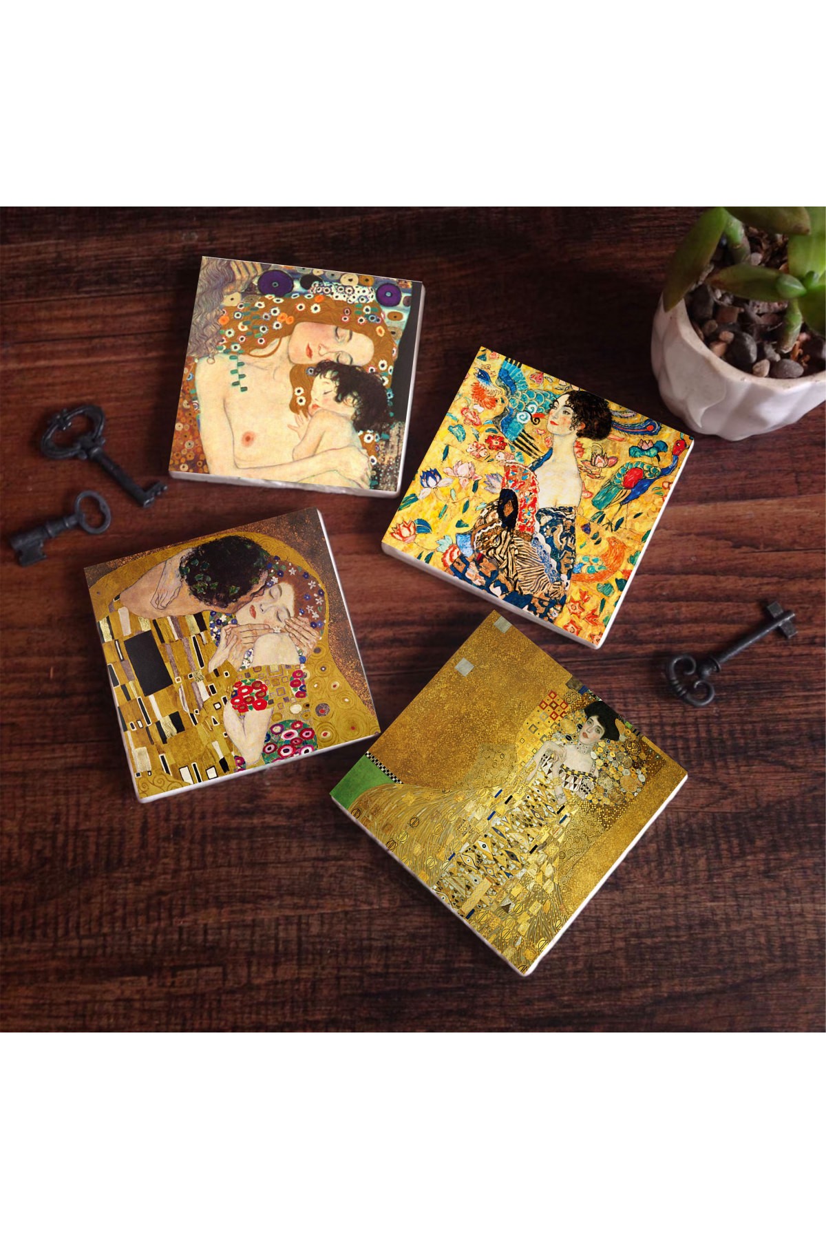 Gustav Klimt Yelpazeli Kadın, Adele Bloch-Bauer'in Portresi, Anne Çocuk, Öpücük Taş Bardak Altlığı Masaüstü Koruyucu Altlık 4 Parça Set 10x10cm Stone Coasters