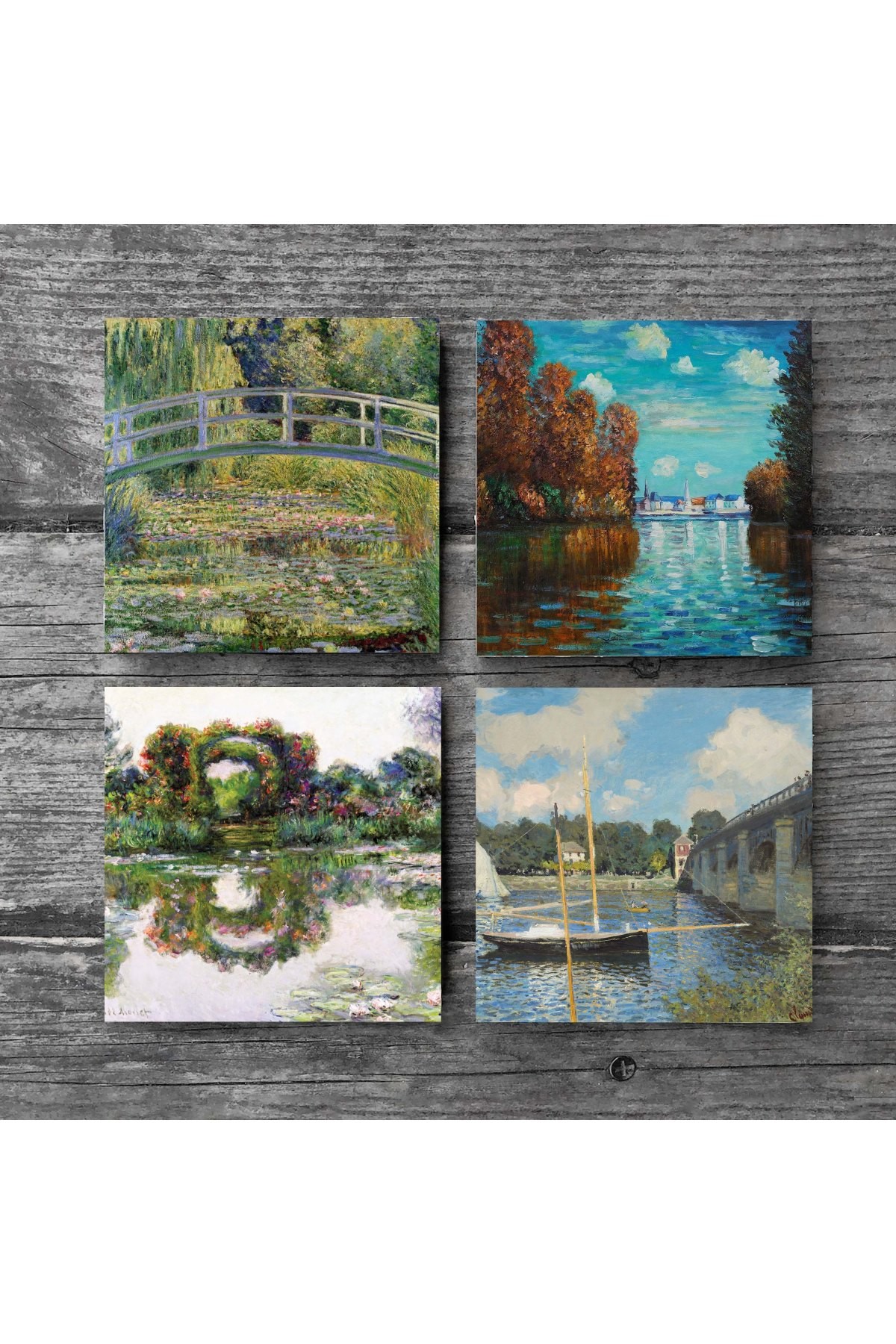 Claude Monet Sonbahar, Gül Çiçekli Kemer, Argenteuil'de Köprü, Nilüfer Gölü Taş Bardak Altlığı Masaüstü Koruyucu Altlık 4 Parça Set 10x10cm Stone Coasters