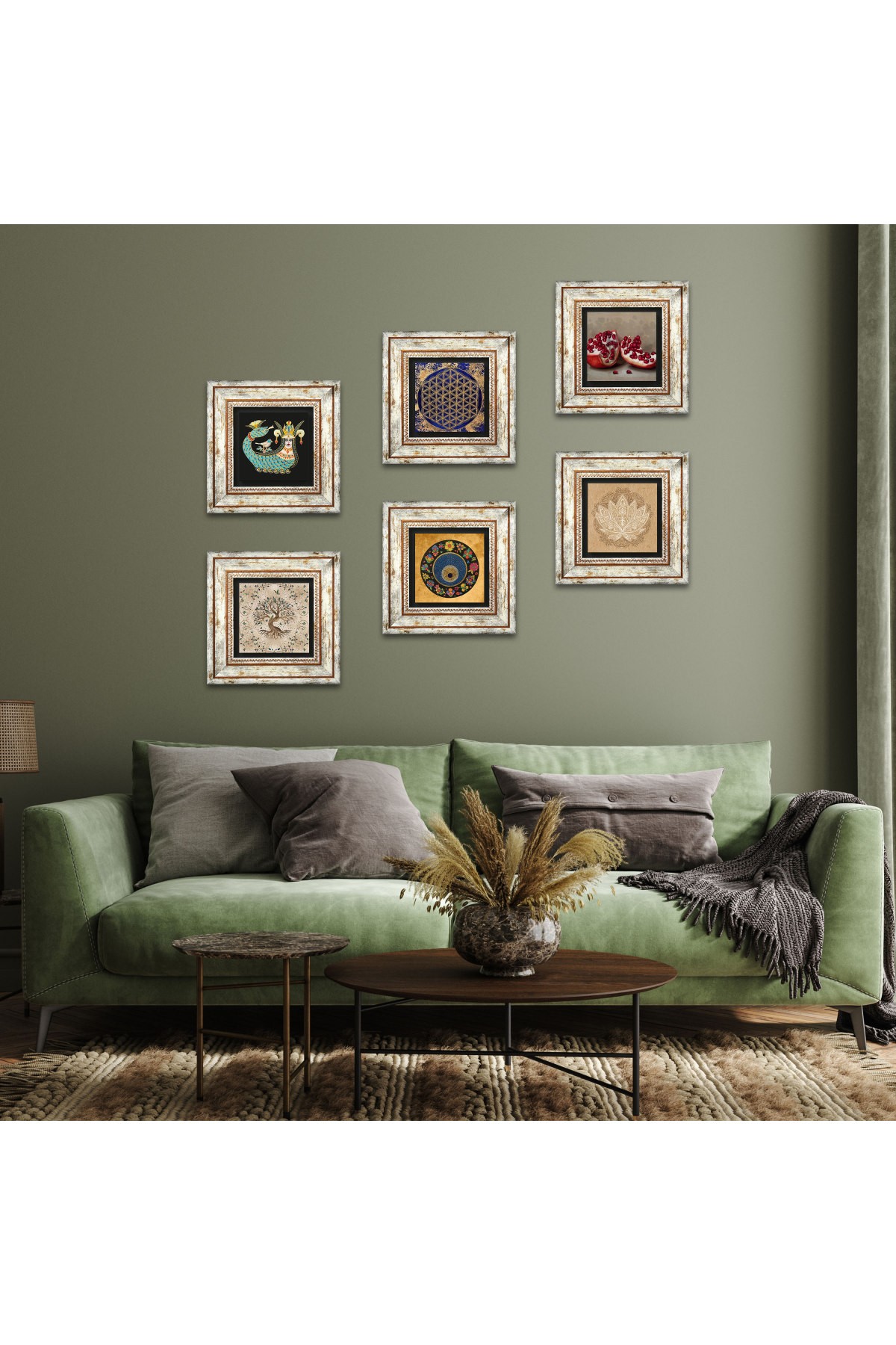 Lotus Çiçeği, Yaşam Çiçeği, Nazar, Şahmeran, Hayat Ağacı, Nar Taş Duvar Tablosu Çerçeveli Duvar Dekoru 6 Parça Tablo Seti Wall Art