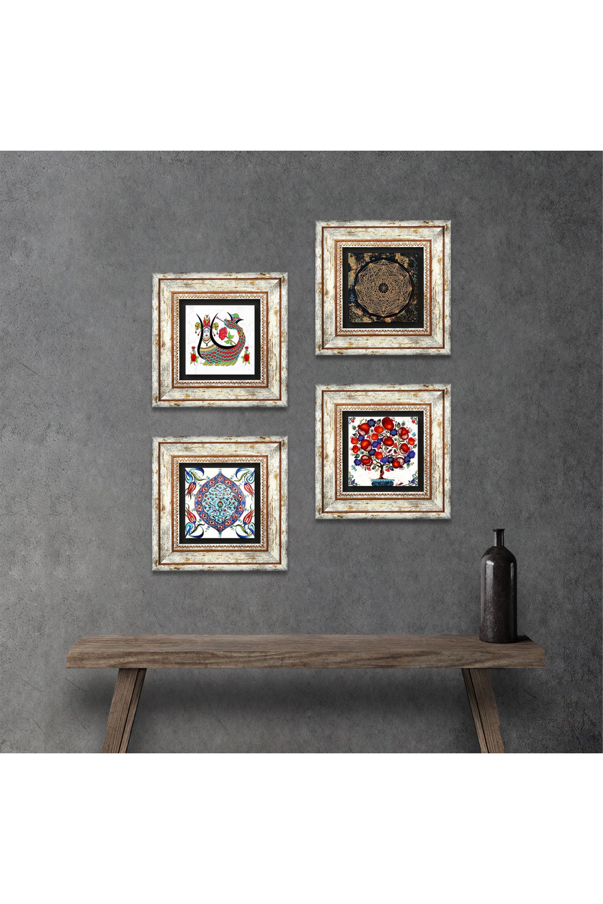 Sri Yantra, Shahmaran, Tile Art, Pomegranate Tree Stone Wall Painting Framed Wall Decor 4 Piece Painting Set Wall Art