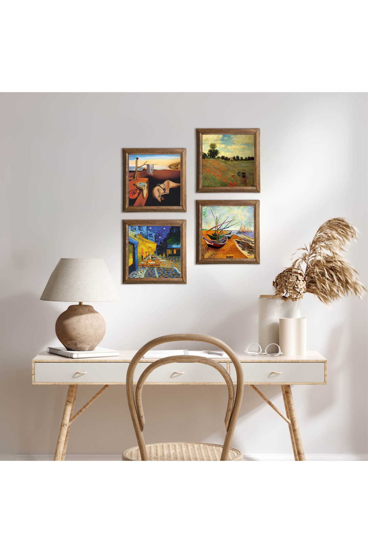 Salvador Dalí, Claude Monet, Van Gogh Stone Wall Painting Wooden Framed Wall Decor 4 Piece Painting Set Wall Art