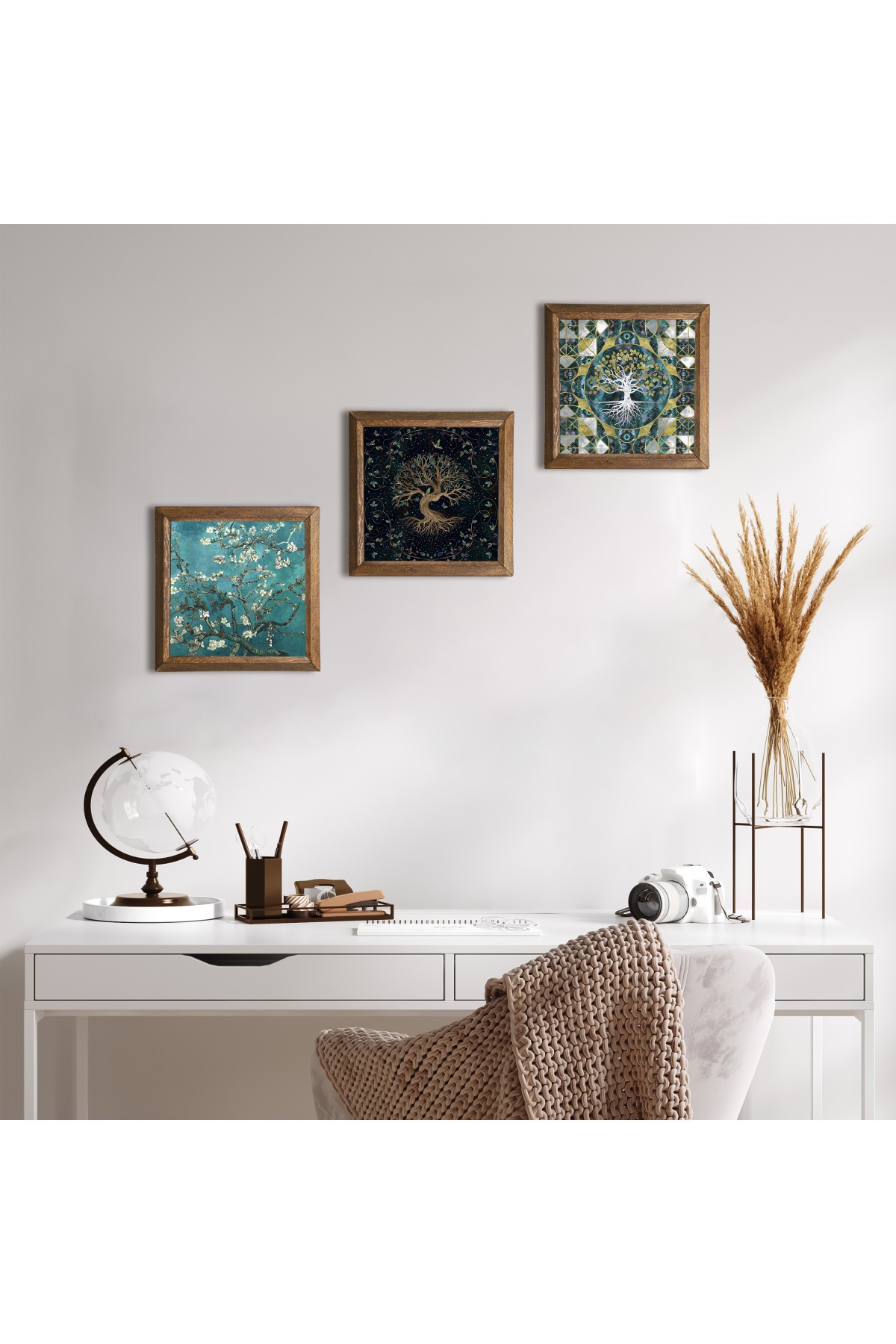 Tree of Life, Van Gogh Almond Tree Stone Wall Painting Wooden Framed Wall Decor 3 Piece Painting Set Wall Art