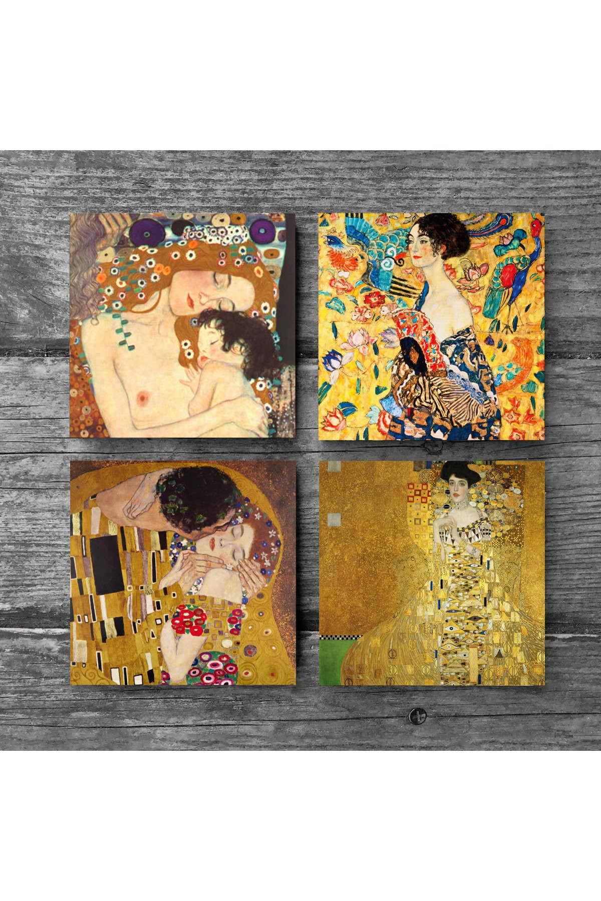 Gustav Klimt Yelpazeli Kadın, Adele Bloch-Bauer'in Portresi, Anne Çocuk, Öpücük Taş Bardak Altlığı Masaüstü Koruyucu Altlık 4 Parça Set 10x10cm Stone Coasters