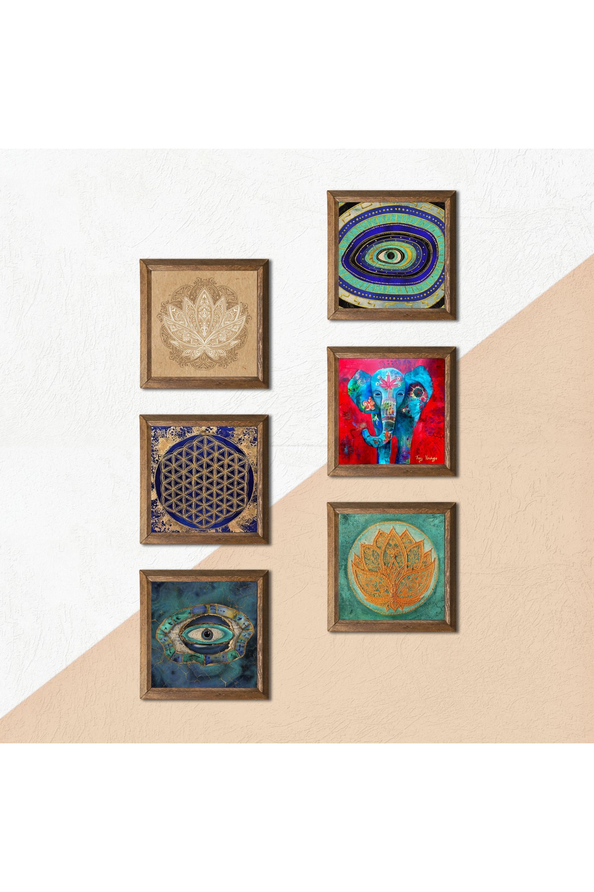 Elephant, Evil Eye, Lotus Flower, Flower of Life Stone Wall Painting Wooden Framed Wall Decor 6 Piece Painting Set Wall Art