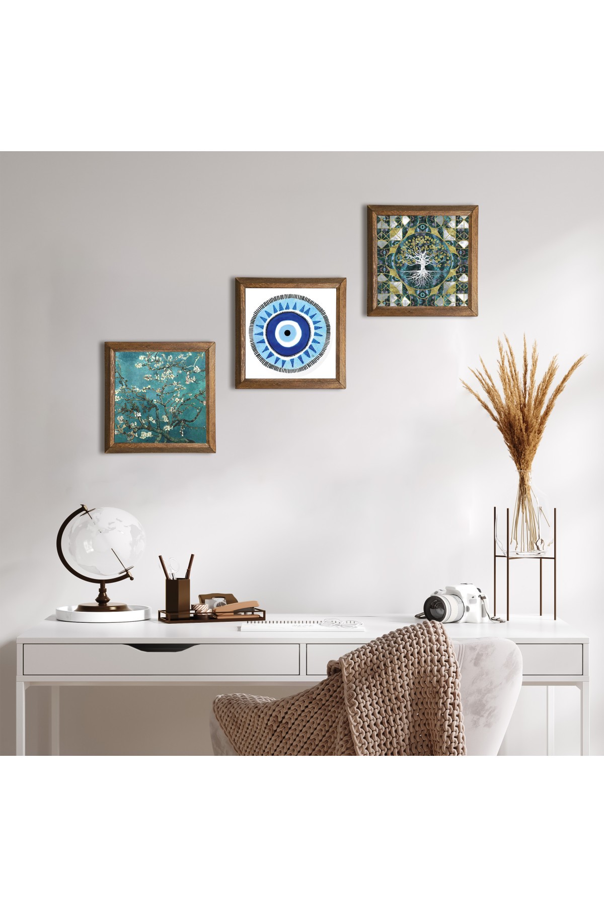 Evil Eye, Tree of Life, Van Gogh Almond Tree Stone Wall Painting Wooden Framed Wall Decor 3 Piece Painting Set Wall Art