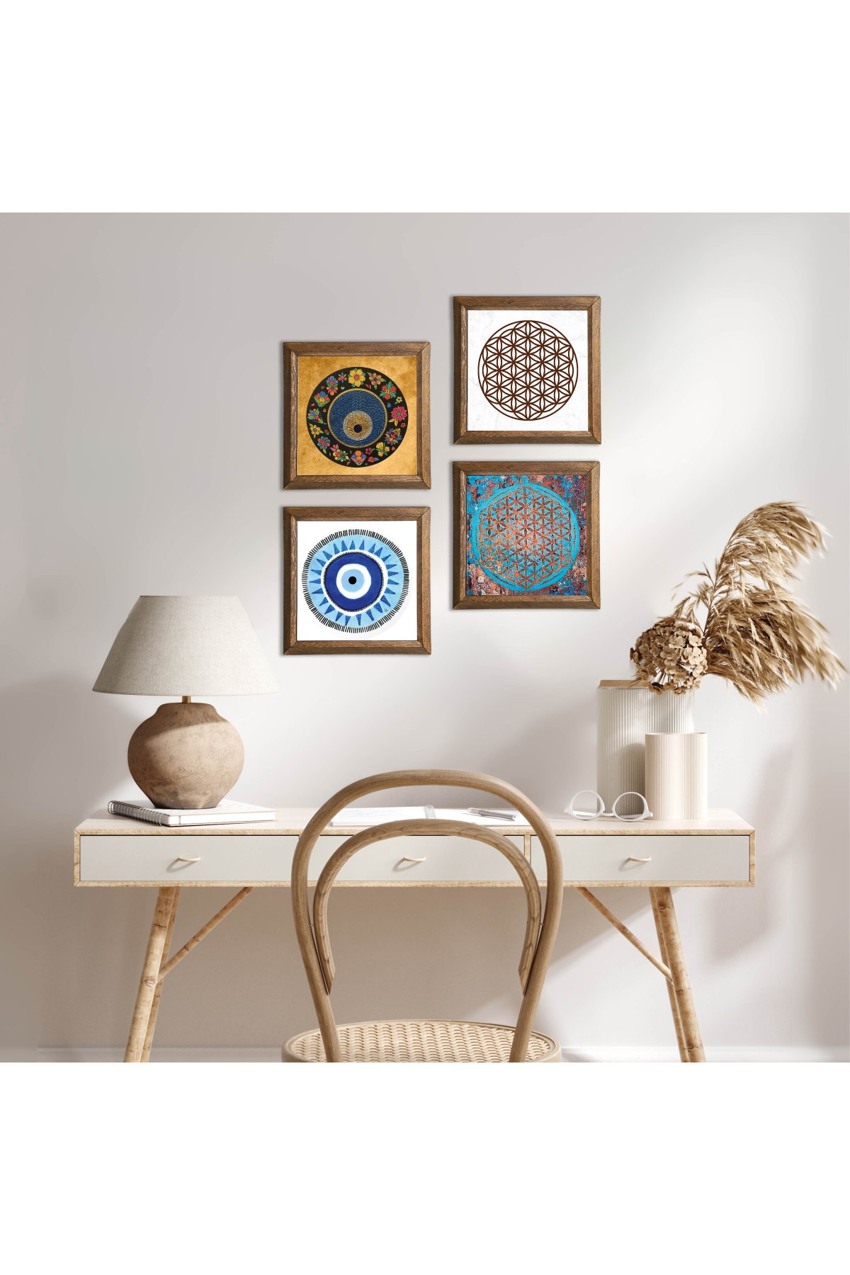 Flower of Life, Evil Eye Stone Wall Painting Wooden Framed Wall Decor 4 Piece Painting Set Wall Art