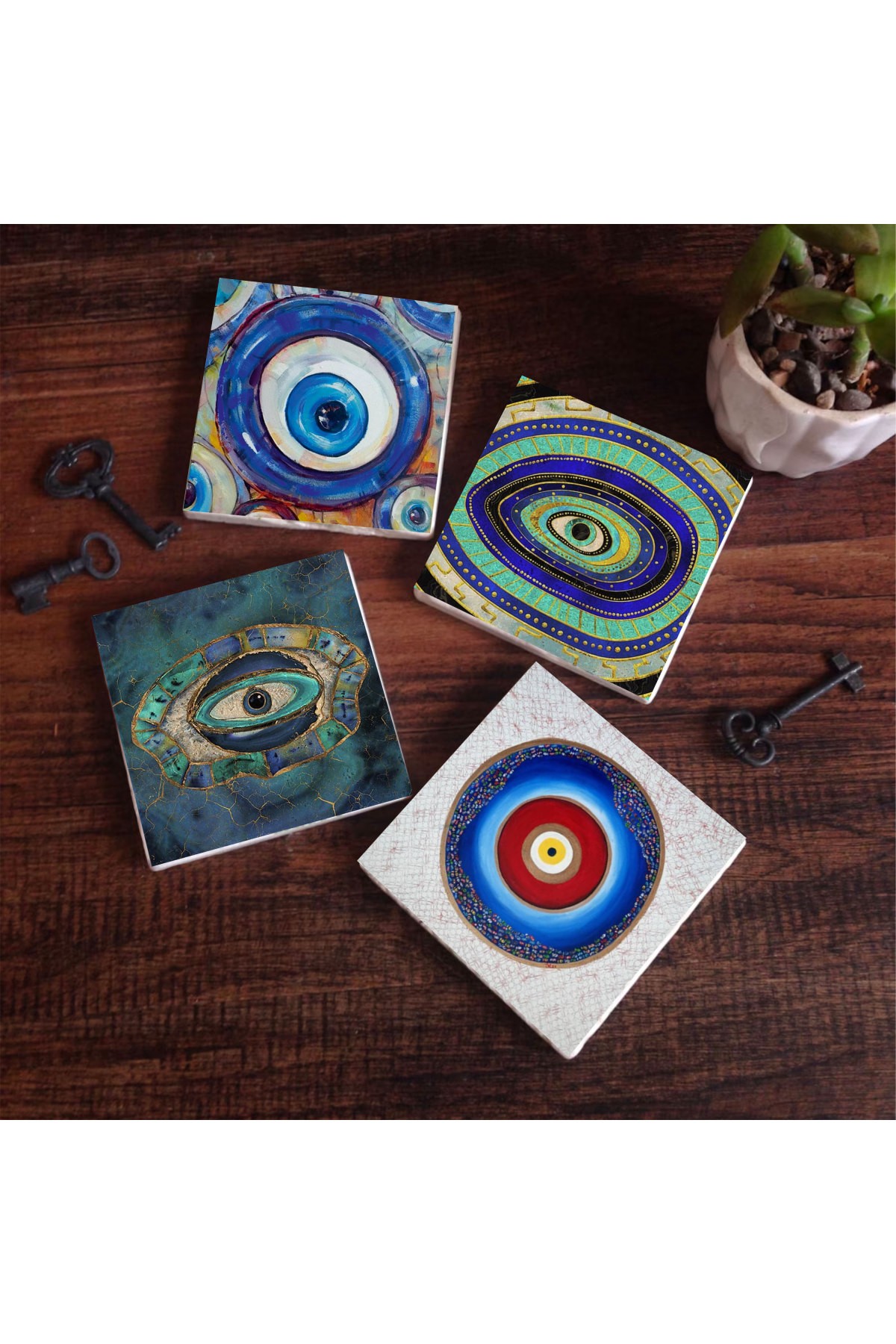 Evil Eye Stone Coaster Desktop Protective Coaster 4 Piece Set 10x10cm Stone Coasters