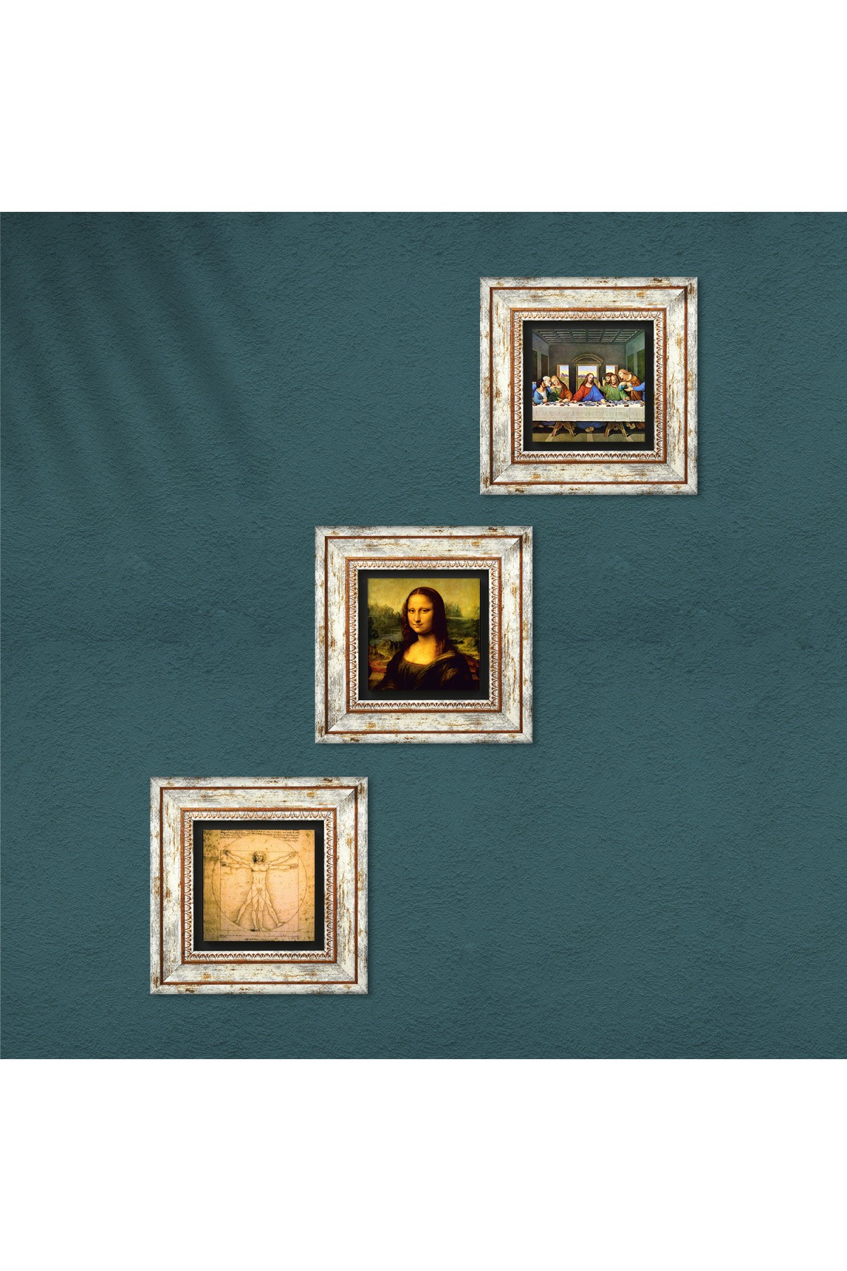 Da Vinci Son Akşam Yemeği, Mona Lisa, Vitruvius Adamı Taş Duvar Tablosu Çerçeveli Duvar Dekoru 3 Parça Tablo Seti Wall Art