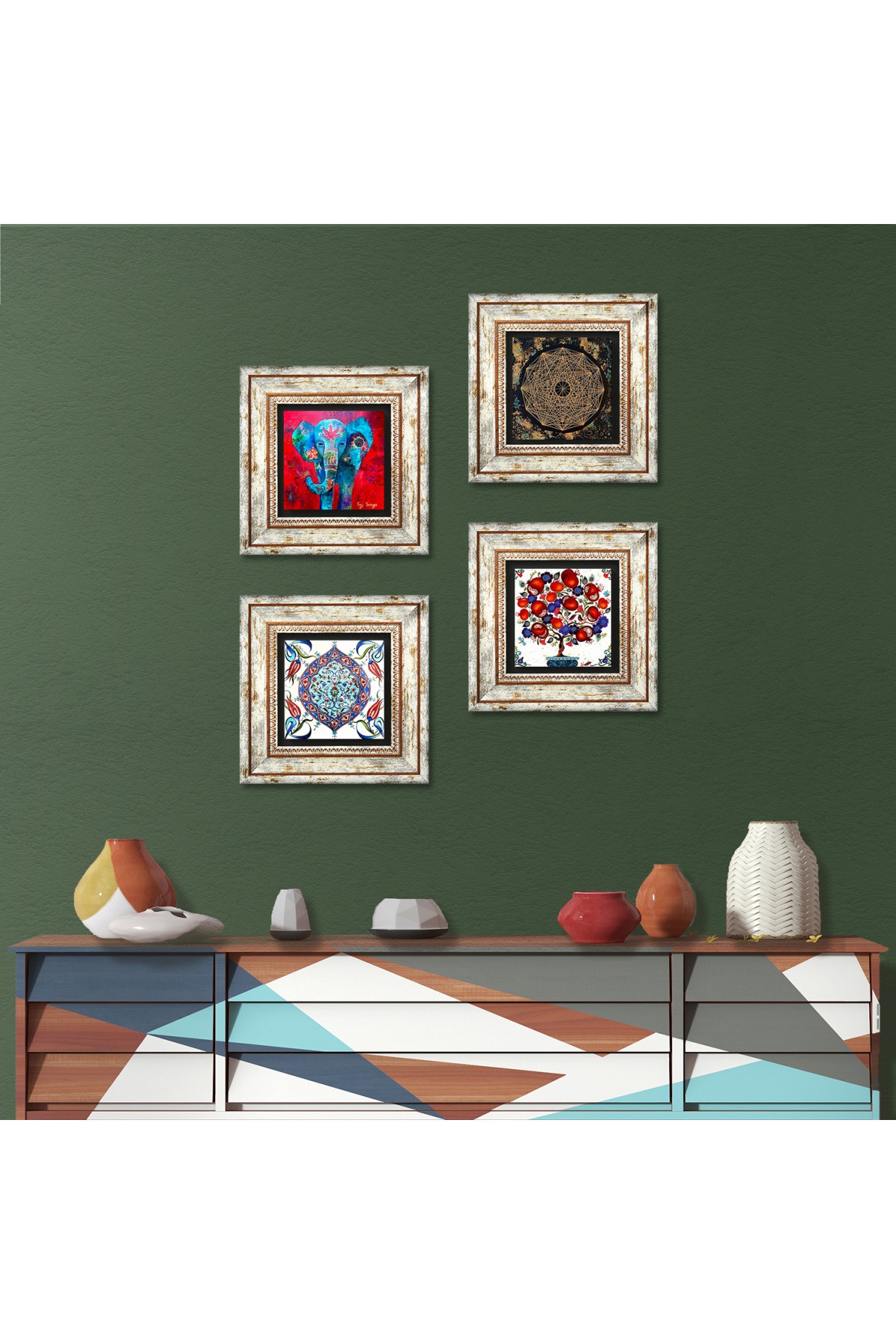 Elephant, Sri Yantra, Tile Art, Pomegranate Tree Stone Wall Painting Framed Wall Decor 4 Piece Painting Set Wall Art