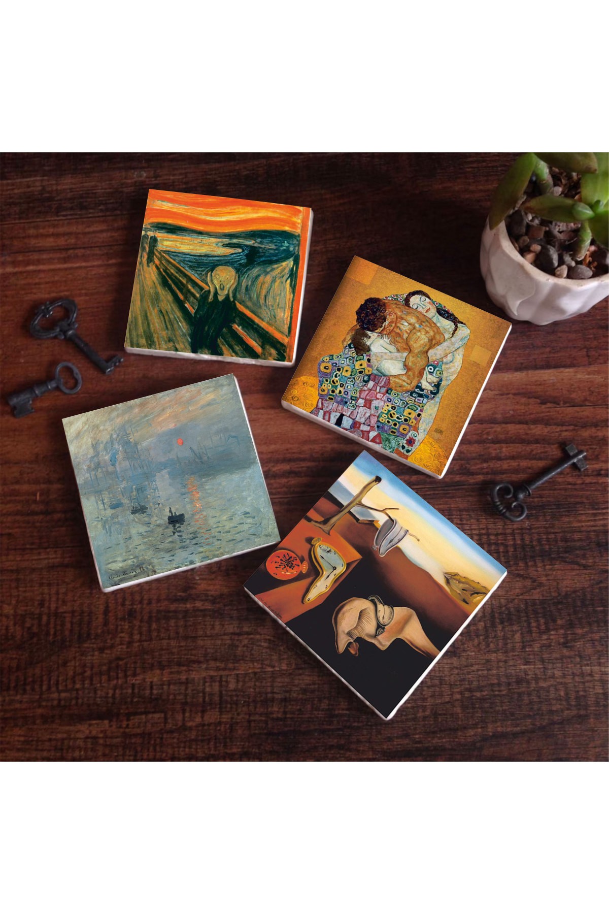 Dalí Belleğin Azmi, Monet Gün Doğumu, Çığlık, Klimt Aile Kucaklama Taş Bardak Altlığı Masaüstü Koruyucu Altlık 4 Parça Set 10x10cm Stone Coasters