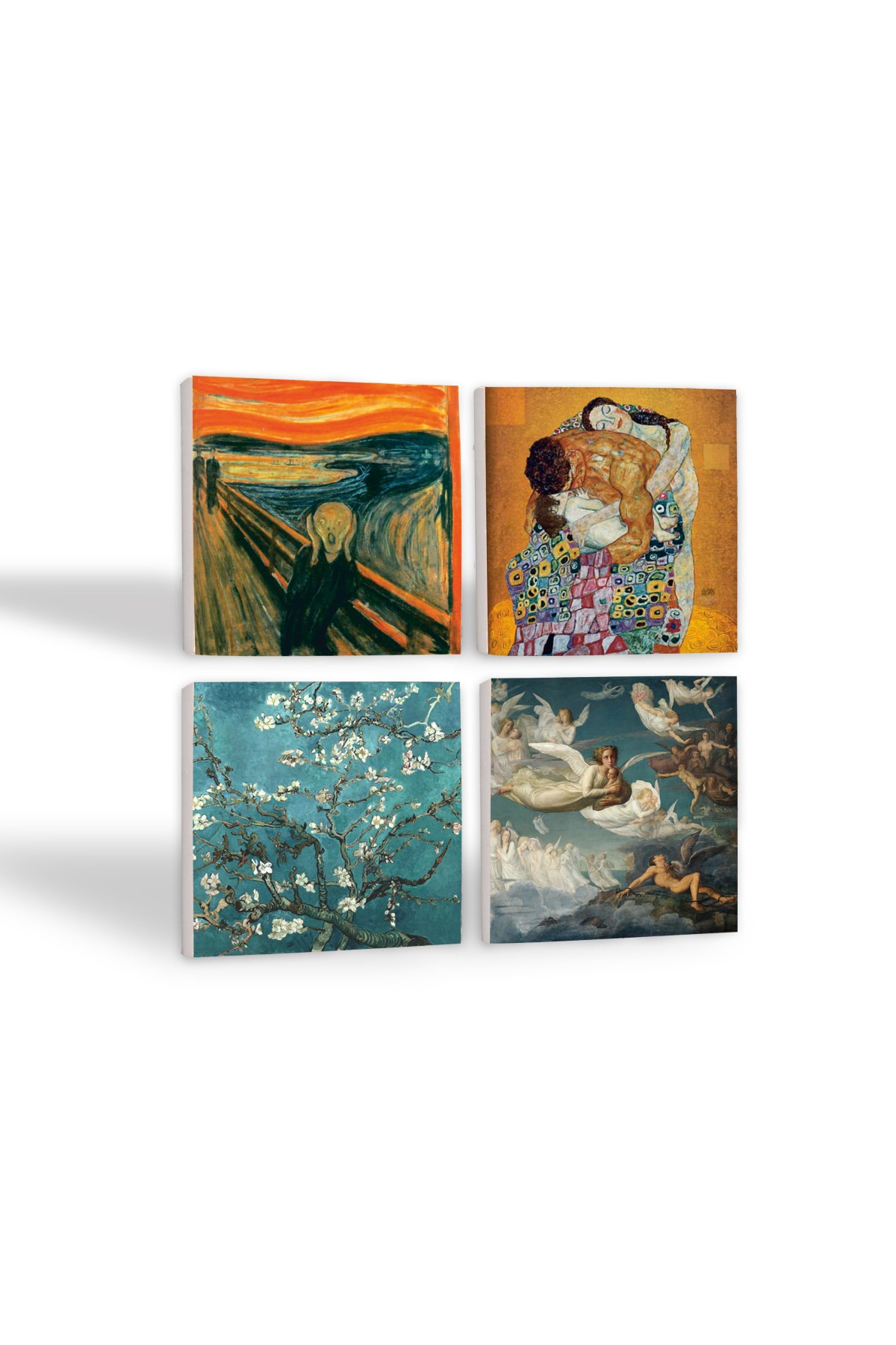 Çığlık, Van Gogh Badem Ağacı, Gustav Klimt Aile Kucaklama, Ruhların Geçişi Taş Bardak Altlığı Masaüstü Koruyucu Altlık 4 Parça Set 10x10cm Stone Coasters