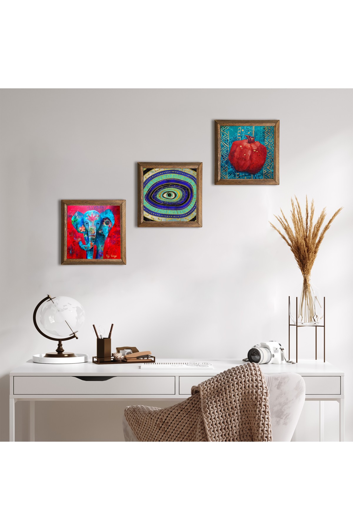 Elephant, Evil Eye, Pomegranate Stone Wall Painting Wooden Framed Wall Decor 3 Piece Painting Set Wall Art