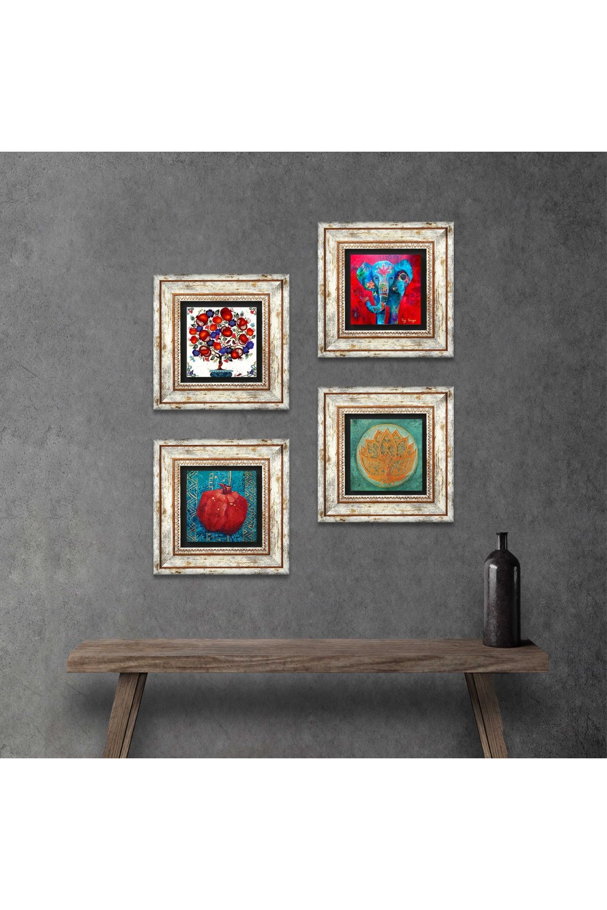 Elephant, Lotus Flower, Pomegranate Tree, Pomegranate Stone Wall Painting Framed Wall Decor 4 Piece Painting Set Wall Art