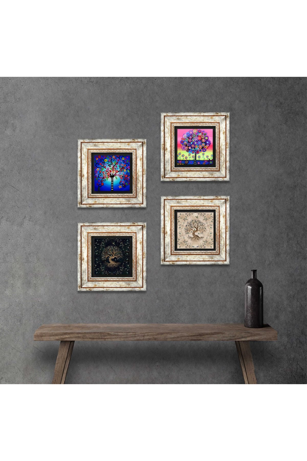 Tree of Life Stone Wall Painting Framed Wall Decor 4 Piece Painting Set Wall Art