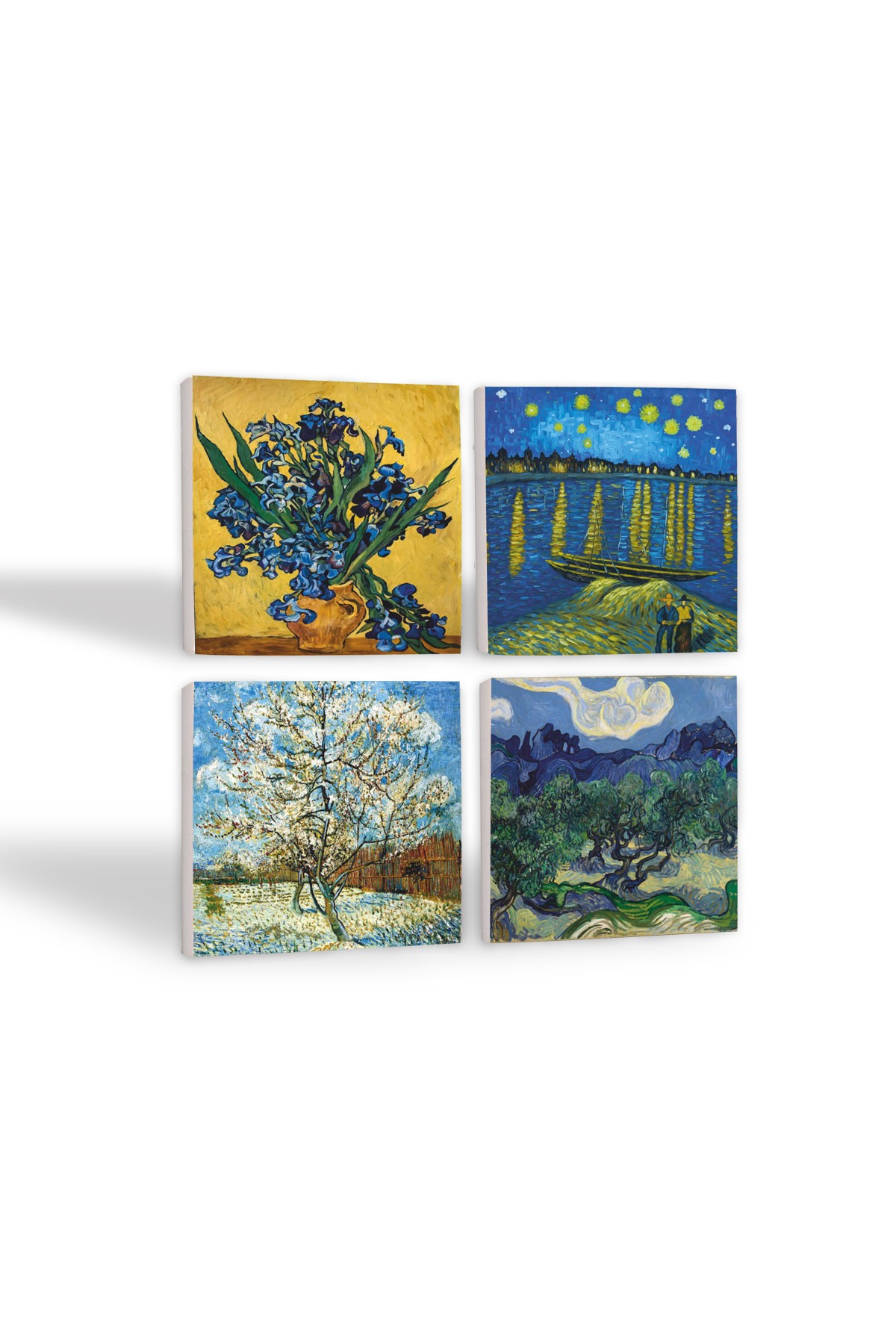 Van Gogh Zeytin Ağaçları, Şeftali Ağacı, Ren Nehri’nde Yıldızlı Gece, Süsenler Taş Bardak Altlığı Masaüstü Koruyucu Altlık 4 Parça Set 10x10cm Stone Coasters