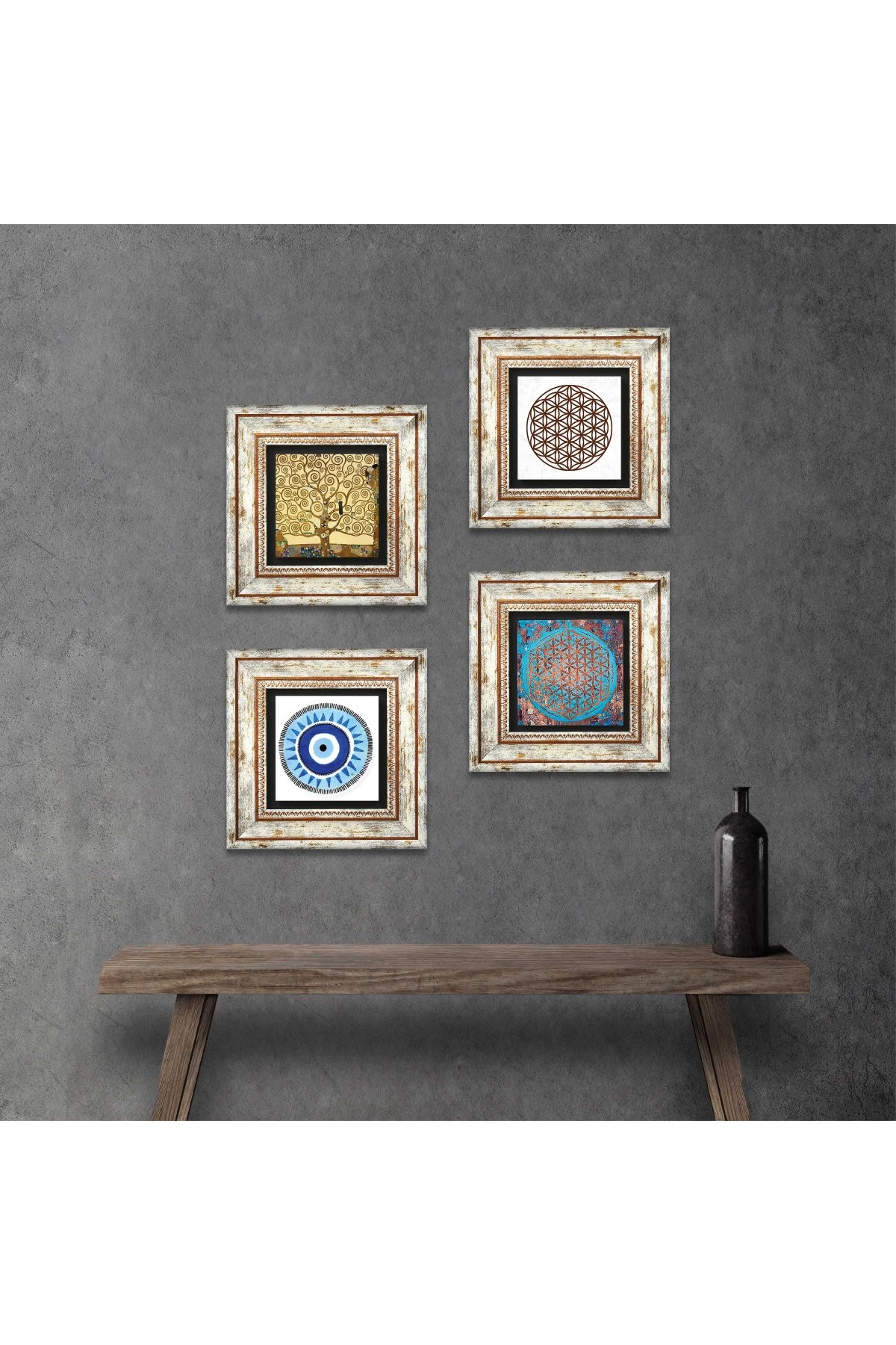 Evil Eye, Flower of Life, Gustav Klimt Tree of Life Stone Wall Painting Framed Wall Decor 4 Piece Painting Set Wall Art