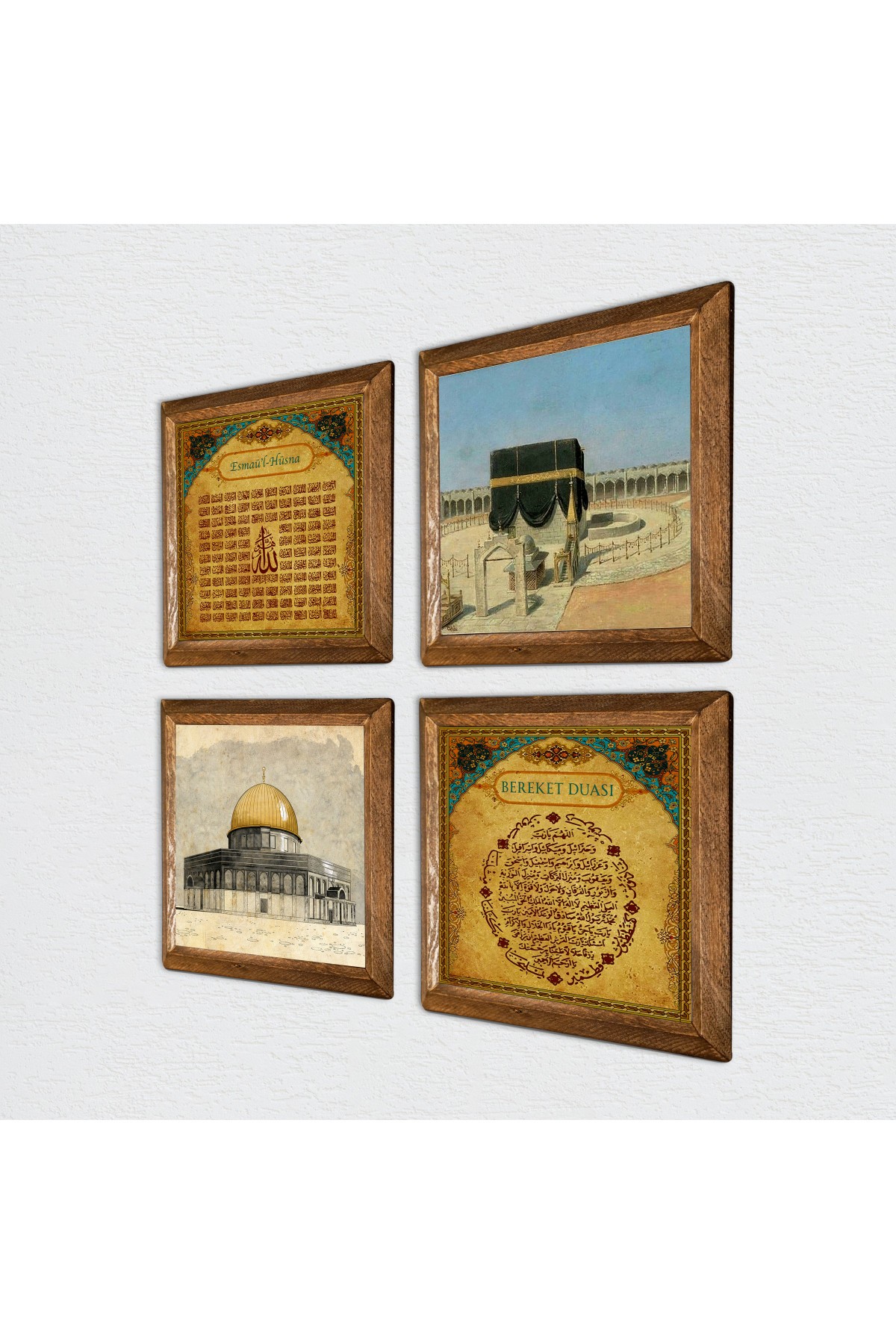 Kaaba-i Muazzama, Masjid al-Aqsa, Prayer of Abundance, Esma'ul Husna Stone Wall Painting Wooden Framed Wall Decoration 4 Piece Painting Set Wall Art