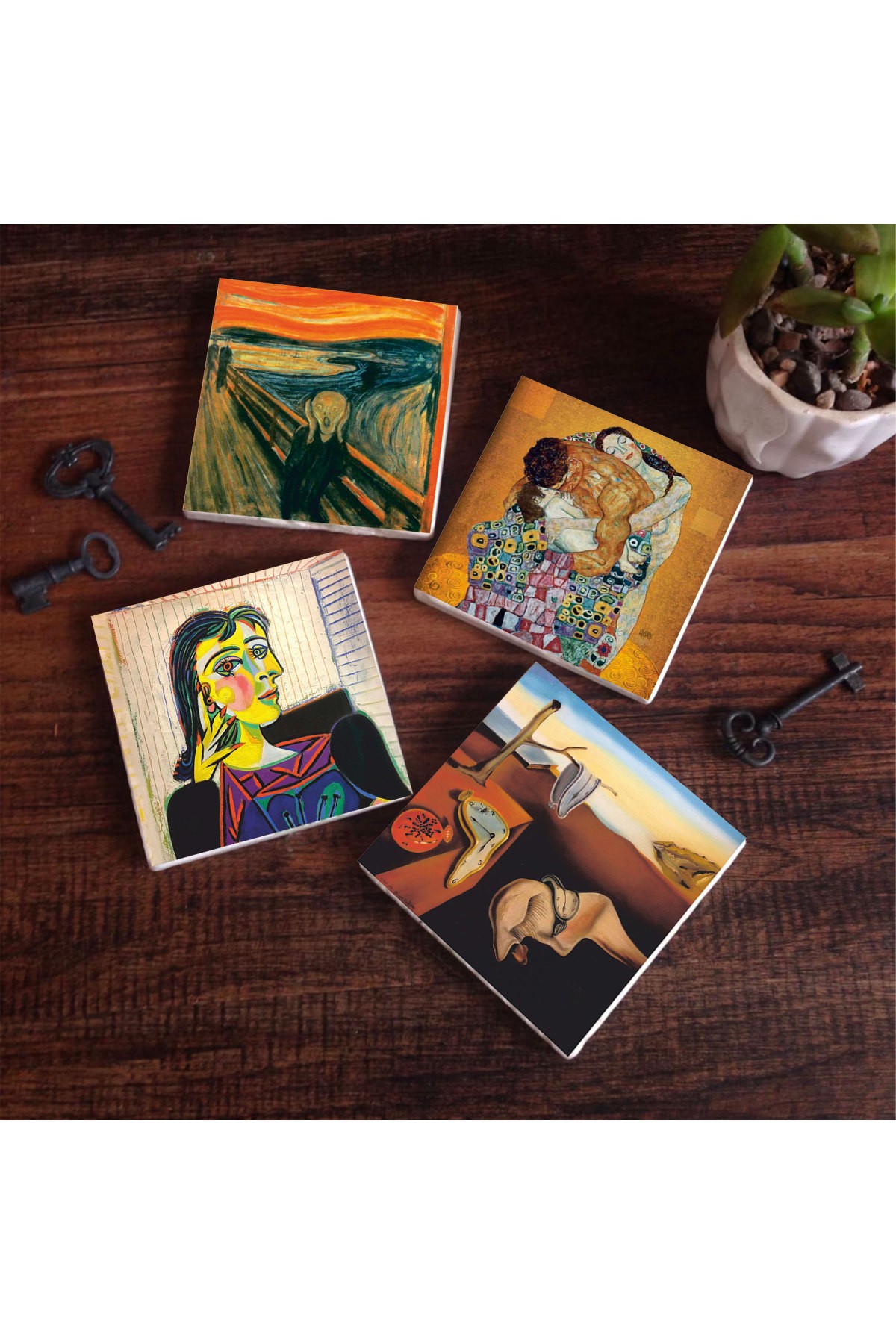 Dalí Belleğin Azmi, Picasso Dora Maar’ın Portresi, Çığlık, Klimt Aile Kucaklama Taş Bardak Altlığı Masaüstü Koruyucu Altlık 4 Parça Set 10x10cm Stone Coasters