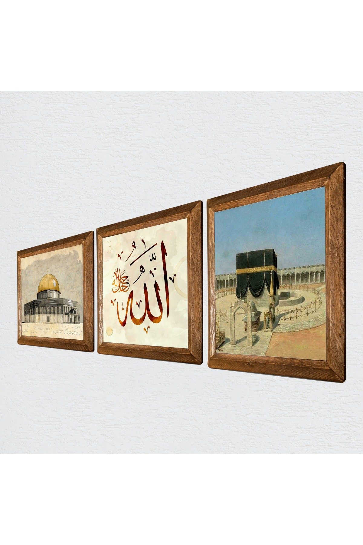 Kaaba-i Magnificent, Masjid al-Aqsa, Word of Allah Stone Wall Painting Wooden Framed Wall Decoration 3 Piece Painting Set Wall Art