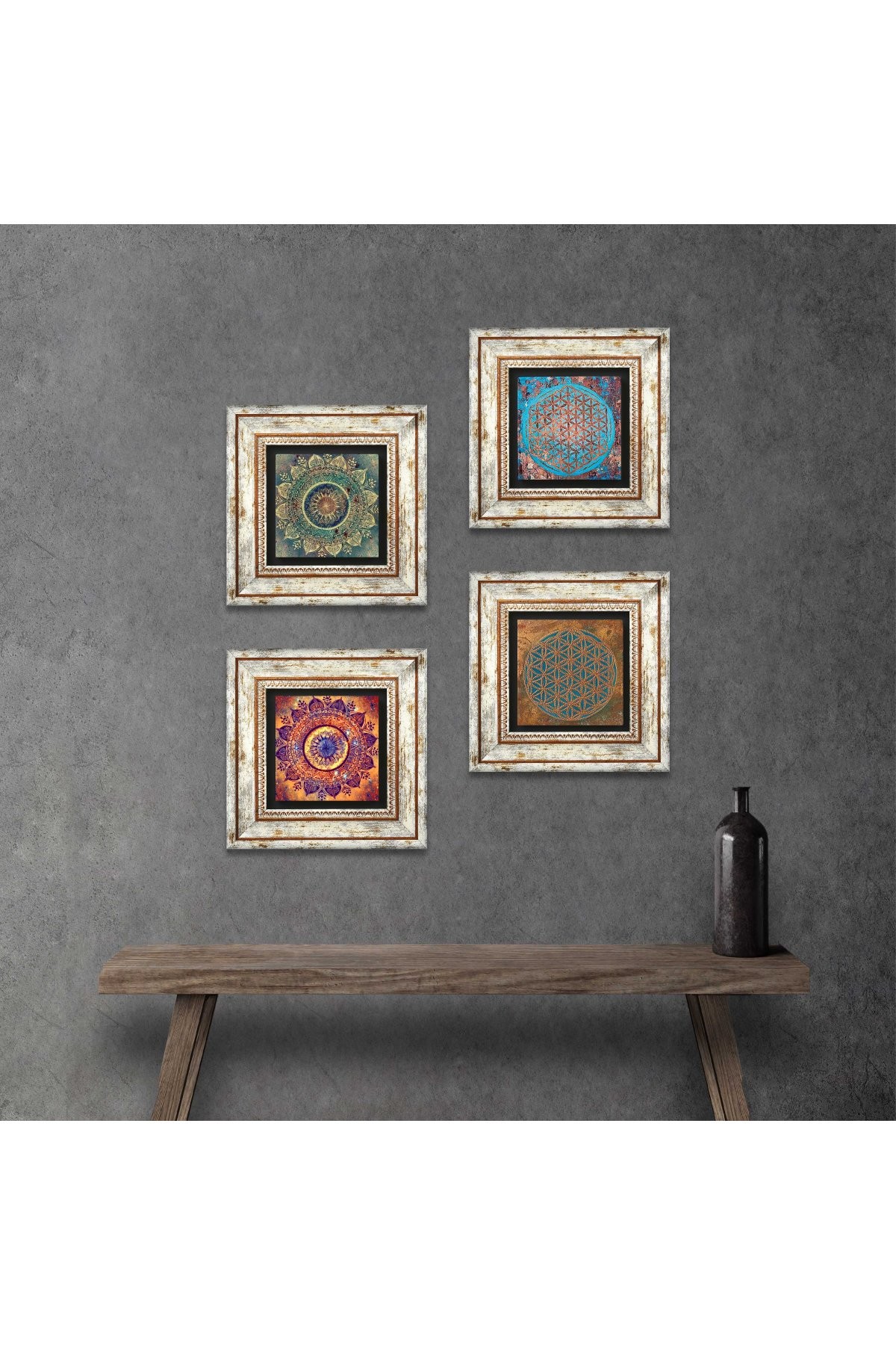 Mandala, Yaşam Çiçeği Taş Duvar Tablosu Çerçeveli Duvar Dekoru 4 Parça Tablo Seti Wall Art