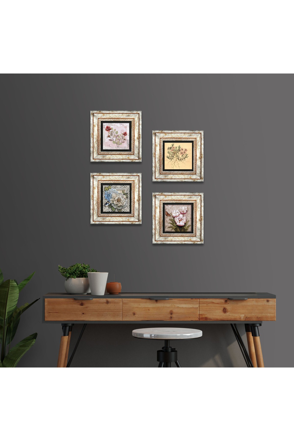 Gül, Vintage Çiçek, Kelebekli Çiçek Taş Duvar Tablosu Çerçeveli Duvar Dekoru 4 Parça Tablo Seti Wall Art